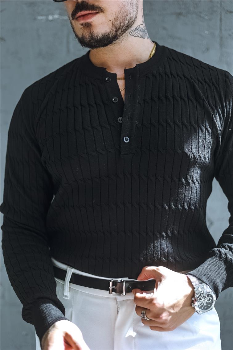 Burgulu Düğmeli Slim Fit Kazak Siyah