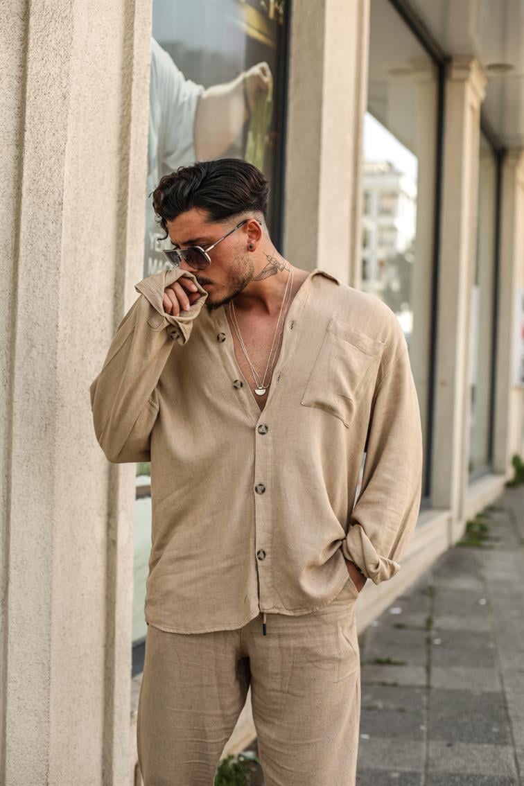 Büyük Düğmeli Keten Oversize Gömlek Camel