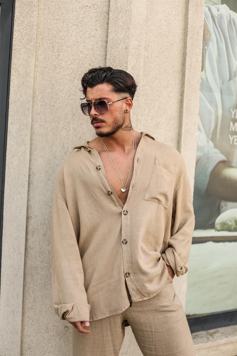 Büyük Düğmeli Keten Oversize Gömlek Camel