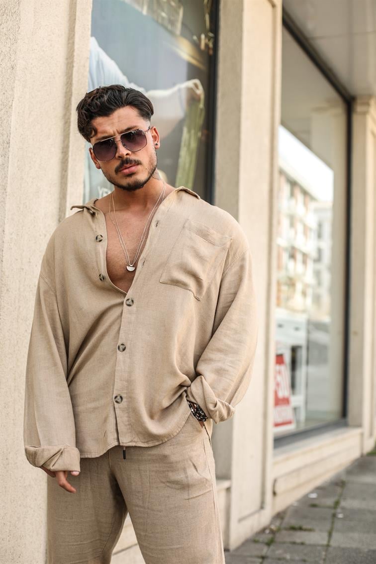 Büyük Düğmeli Keten Oversize Gömlek Camel