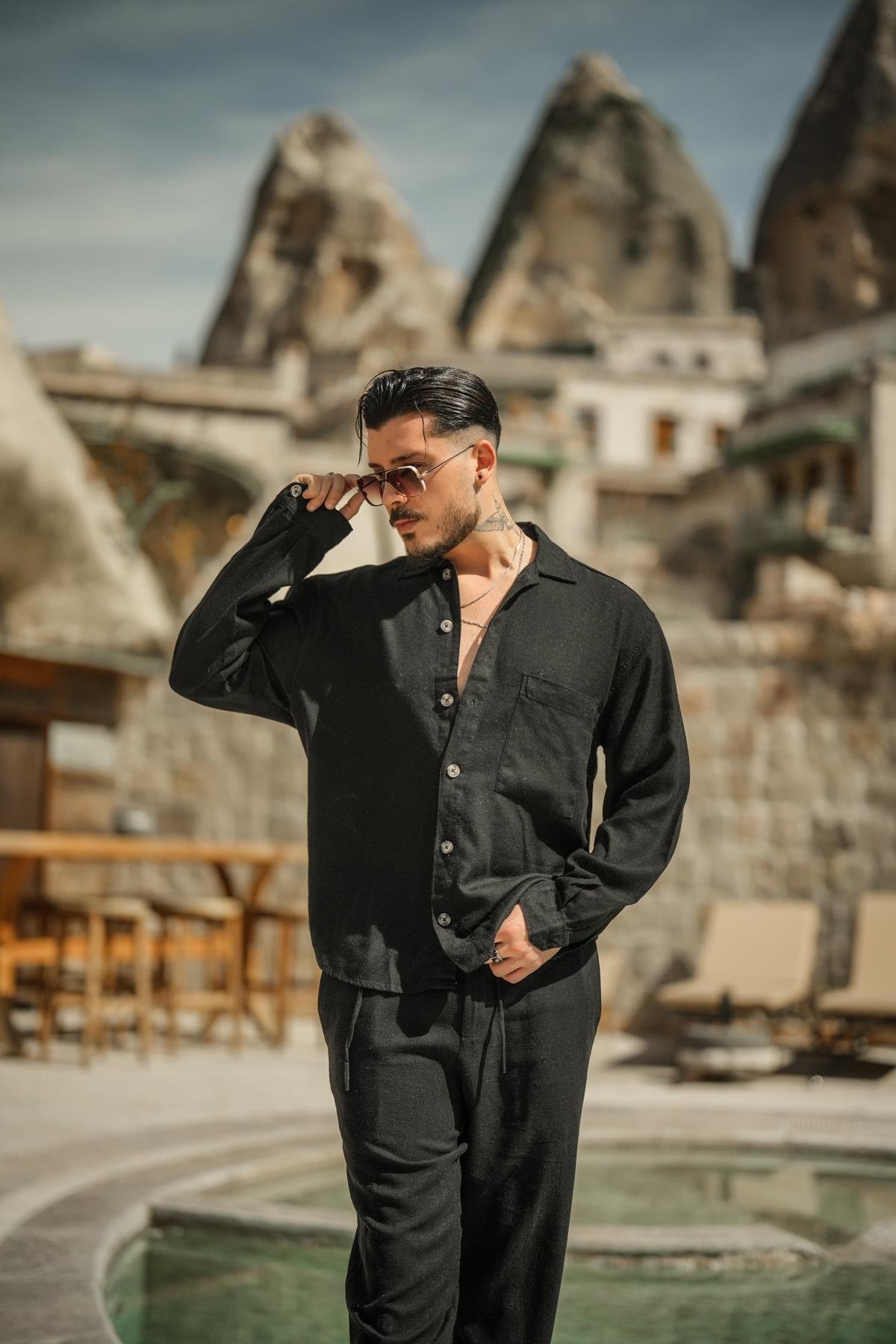 Büyük Düğmeli Keten Oversize Gömlek Siyah