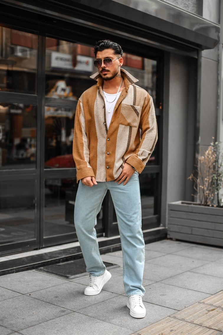 Camel-Beyaz Oduncu Oversize Gömlek