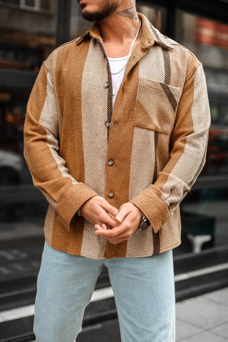 Camel-Beyaz Oduncu Oversize Gömlek