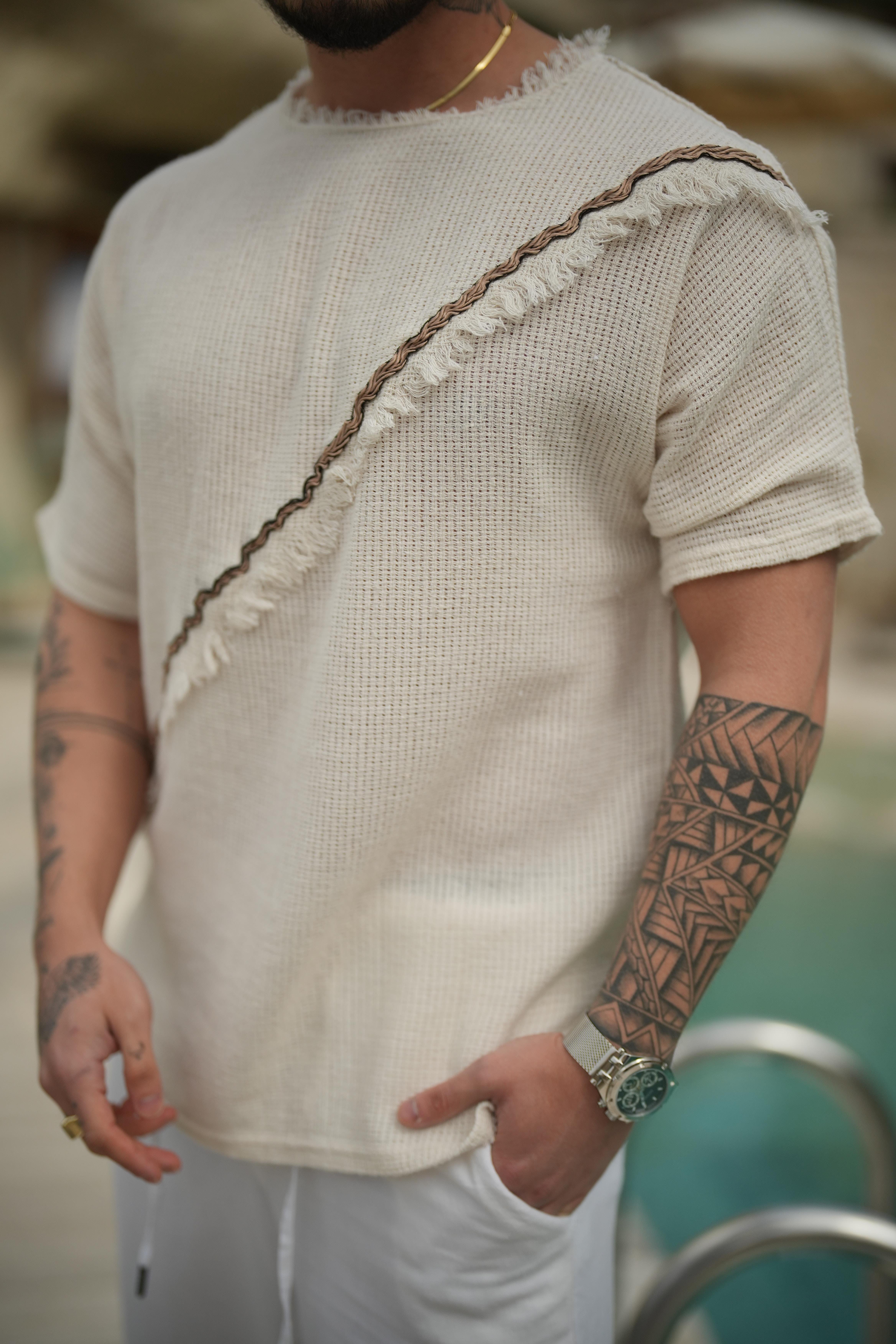 Çapraz Örme Desenli Oversize T-Shirt Krem