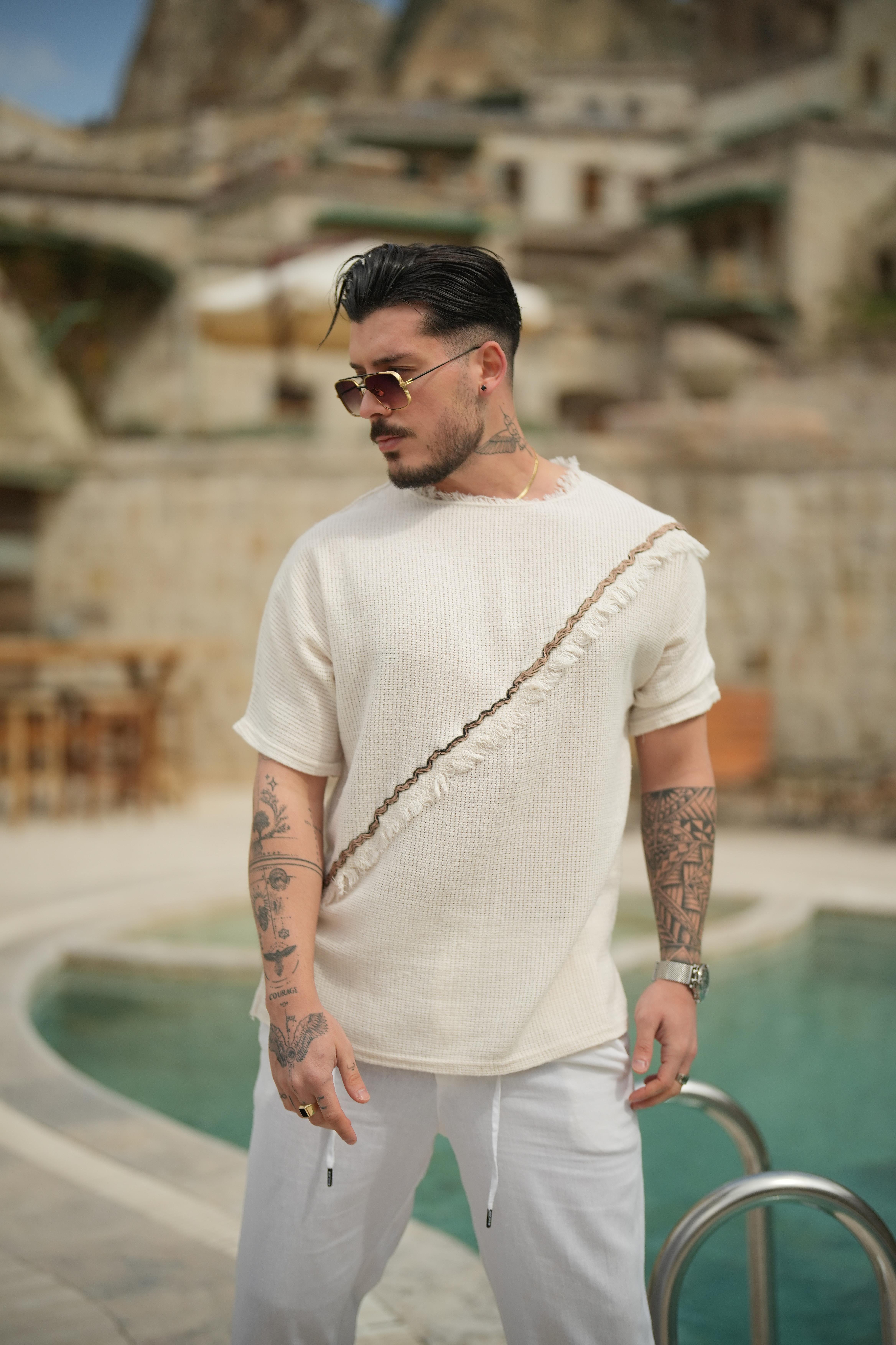Çapraz Örme Desenli Oversize T-Shirt Krem