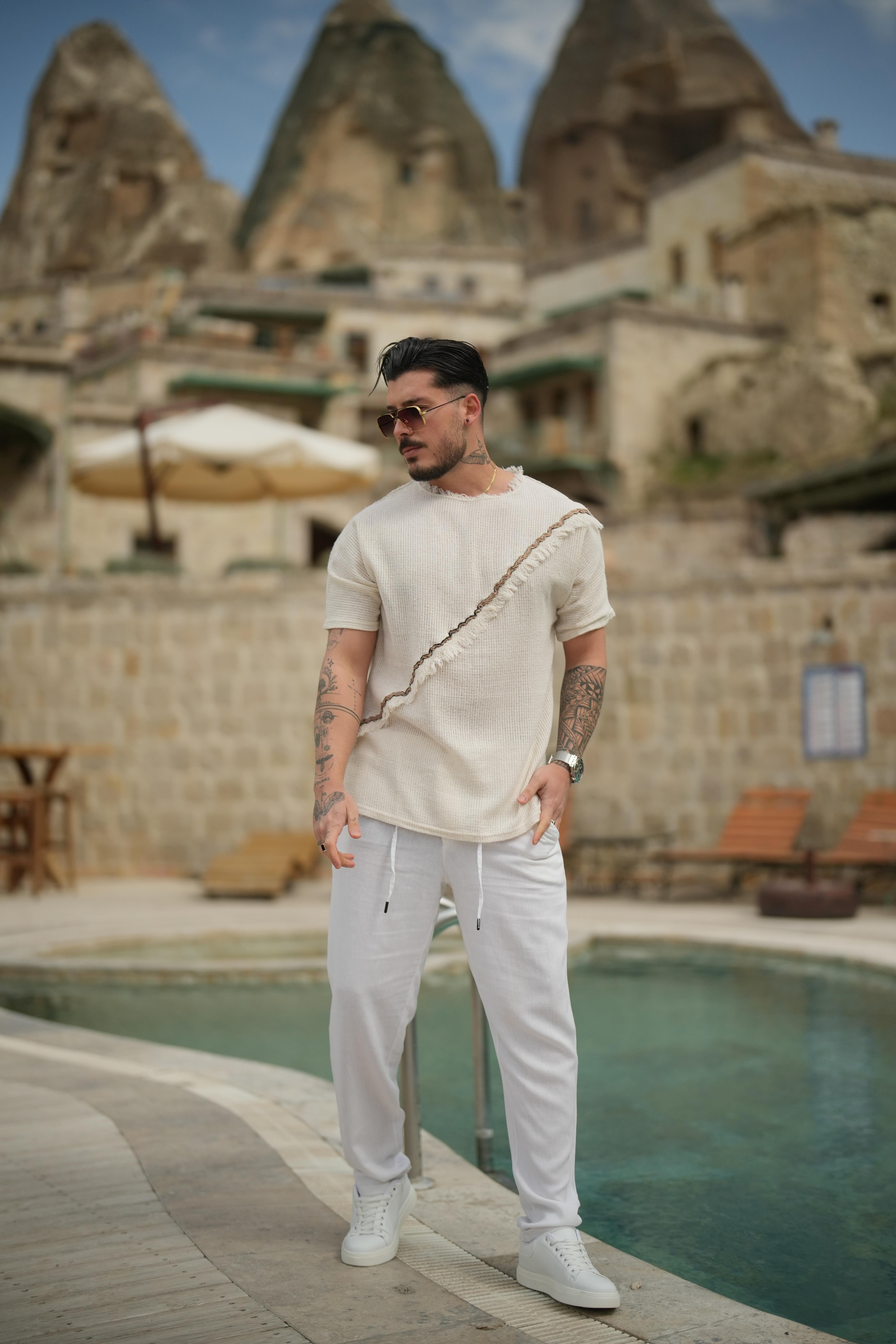 Çapraz Örme Desenli Oversize T-Shirt Krem