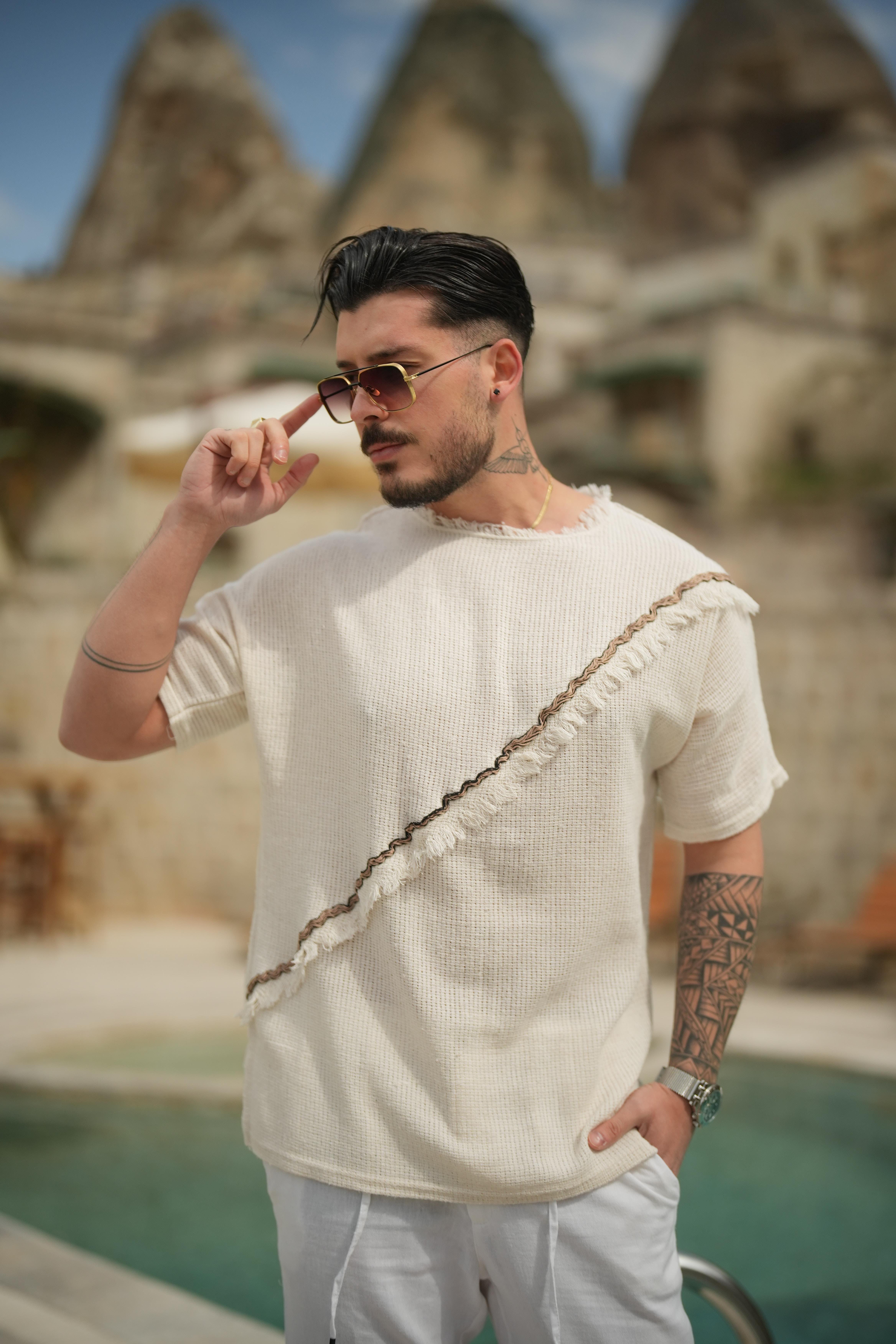 Çapraz Örme Desenli Oversize T-Shirt Krem