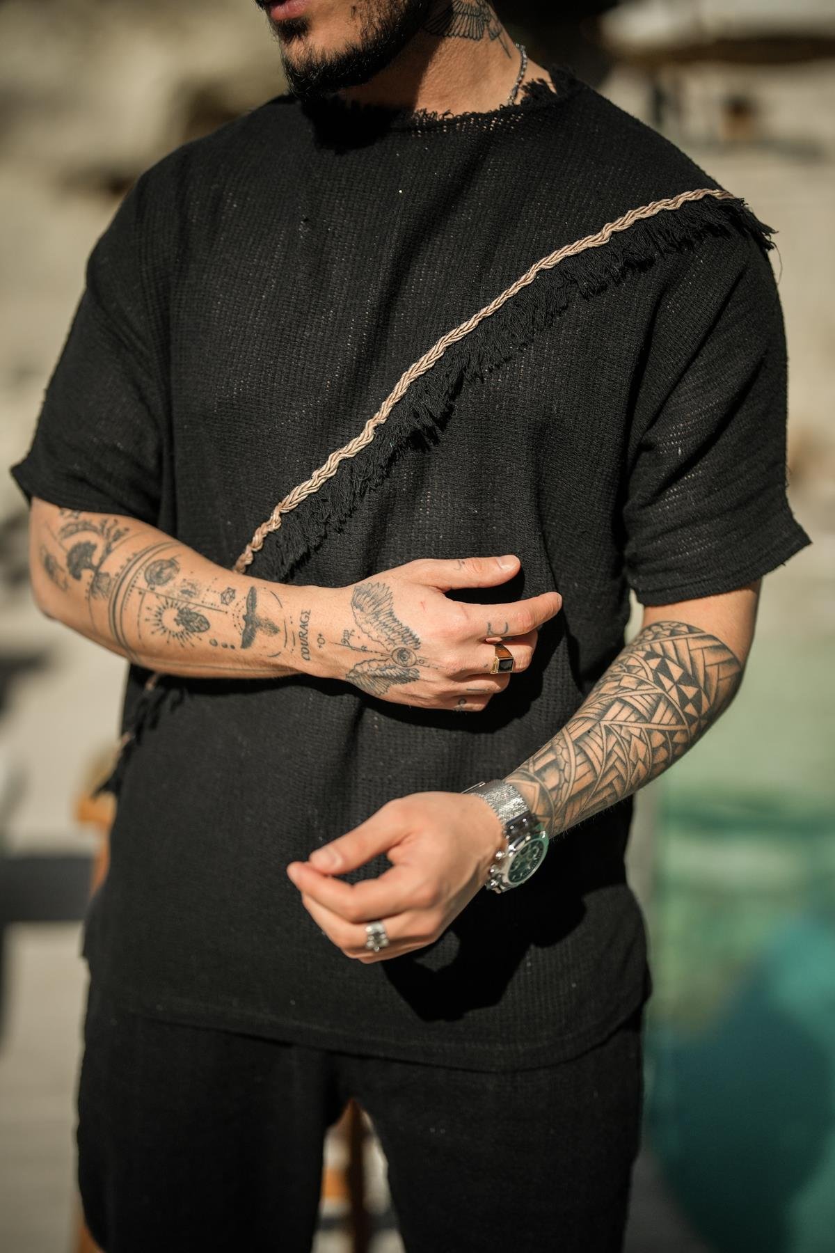 Çapraz Örme Desenli Oversize T-Shirt Siyah