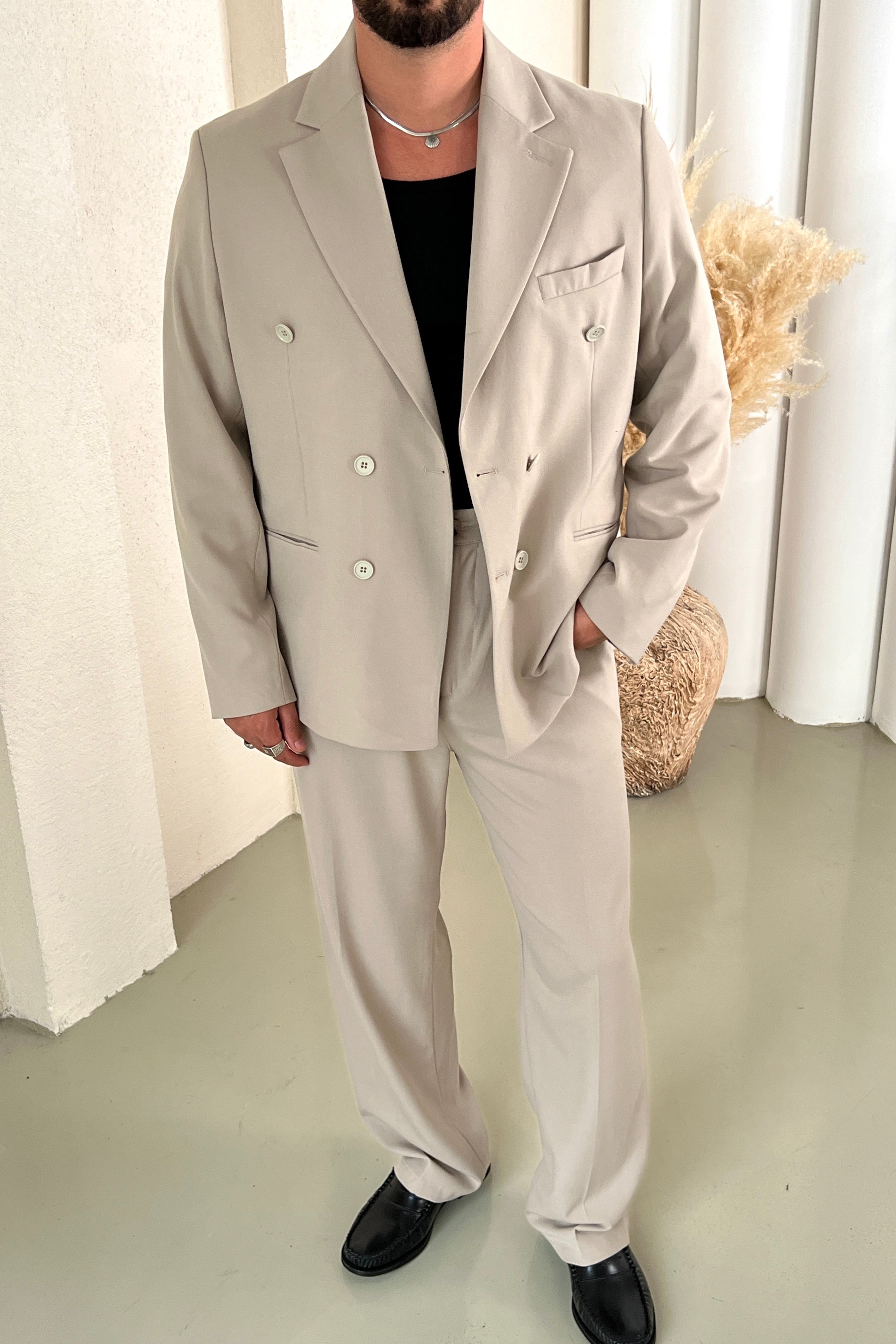 Casual Oversize Kruvaze Takım Krem