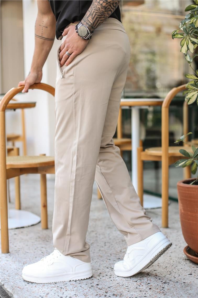 Cep Fermuarlı Baggy Pantolon Bej