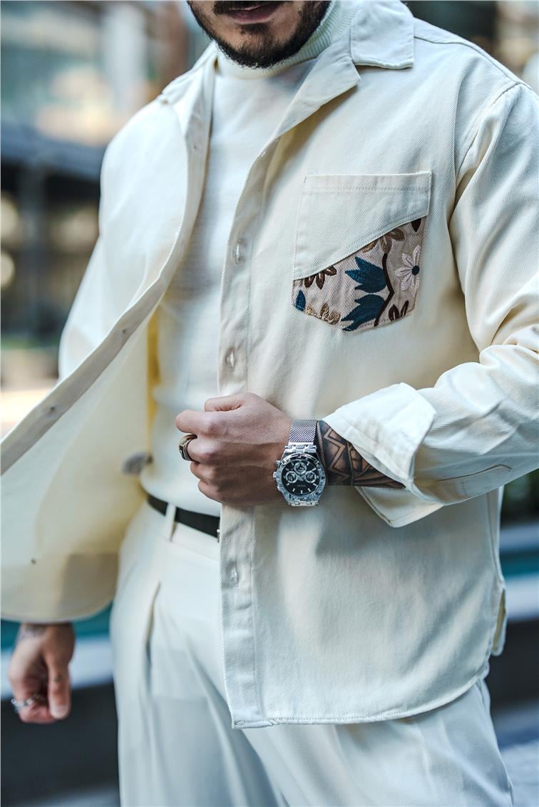 Cep Nakışlı Kot Gömek/ Ceket Beyaz