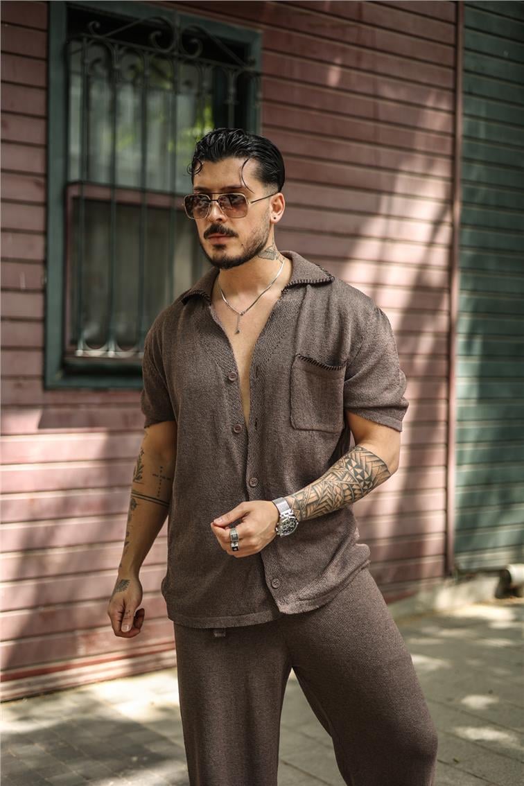 Cep Ve Yaka Detay Oversize Gömlek Kahve