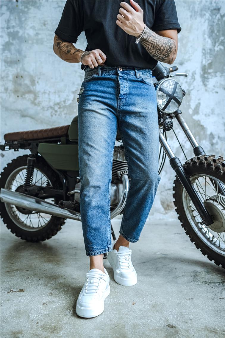 Cep Yırtıklı Boyfriend Jean Yıkamalı Mavi