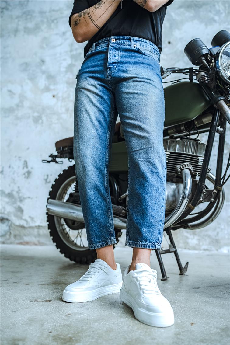Cep Yırtıklı Boyfriend Jean Yıkamalı Mavi