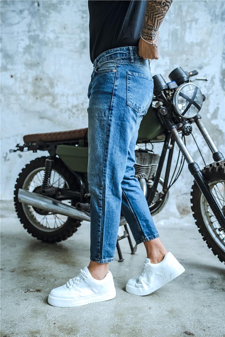 Cep Yırtıklı Boyfriend Jean Yıkamalı Mavi