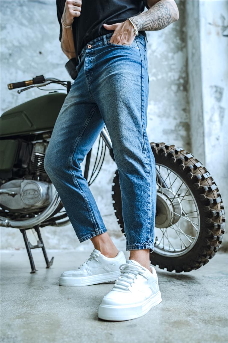 Cep Yırtıklı Boyfriend Jean Yıkamalı Mavi