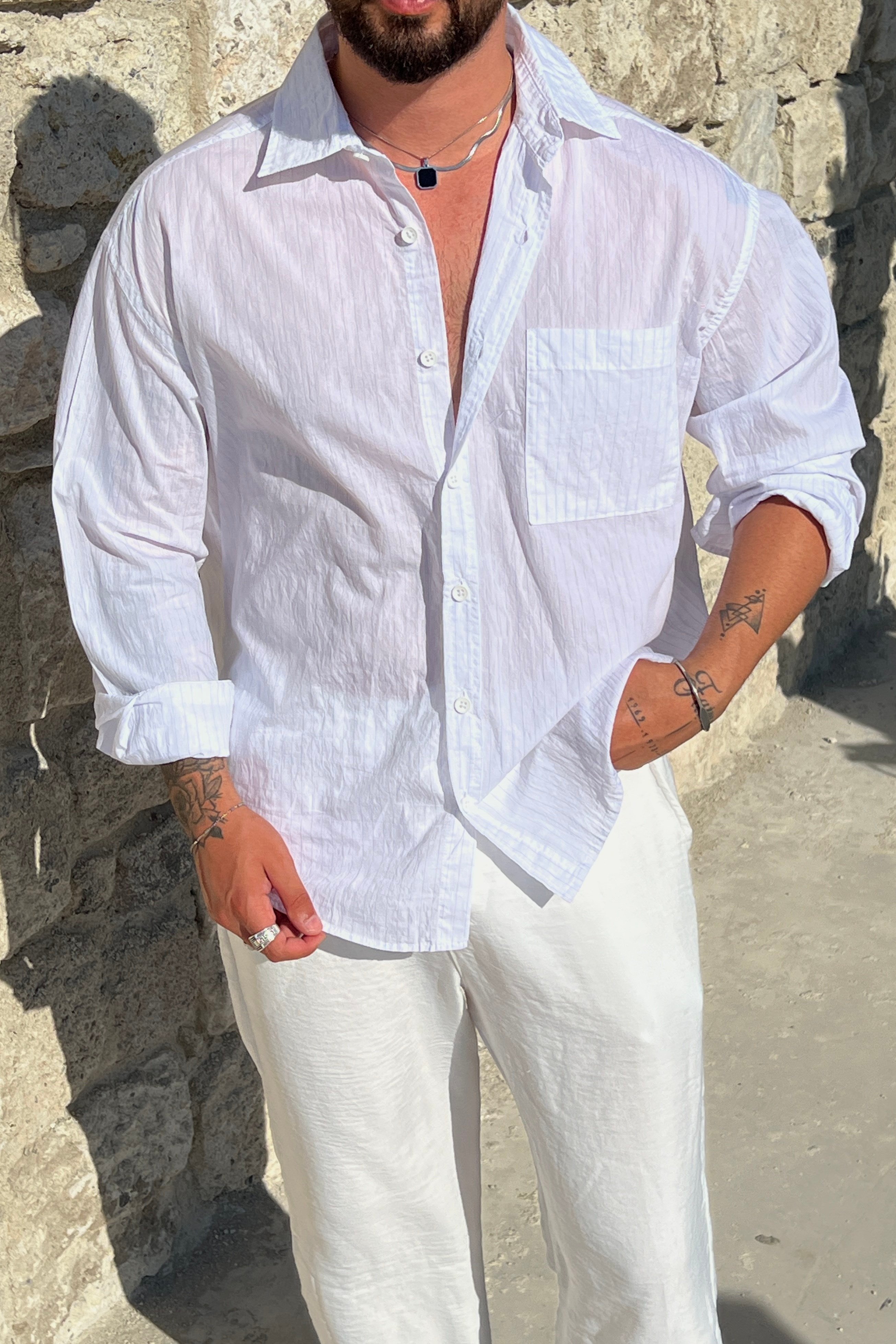 Cepli İnce Cizgili Oversize Gömlek Beyaz