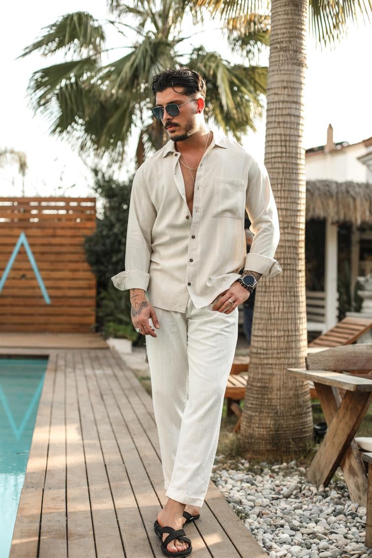 Cepli İnce Oversize Şeritli Gömlek Bej