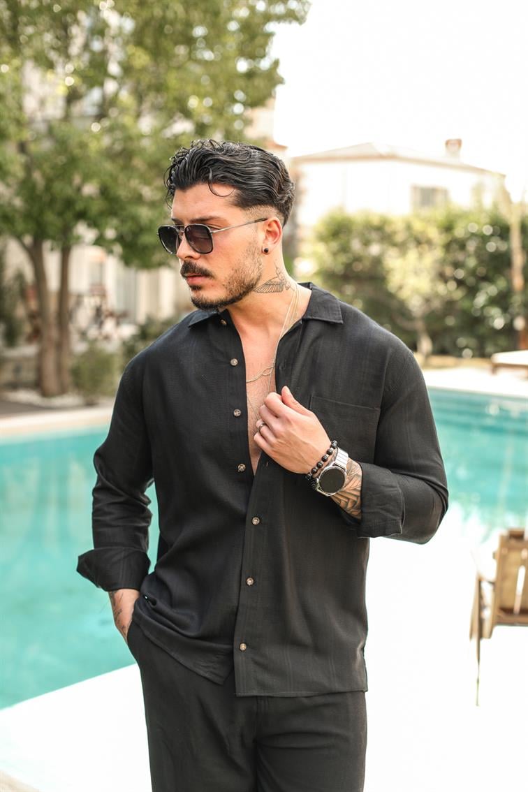Cepli İnce Oversize Şeritli Gömlek Siyah