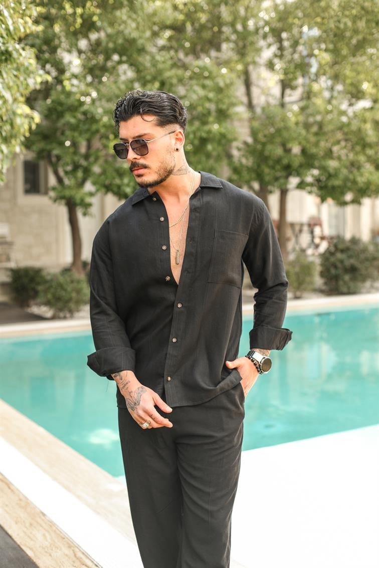 Cepli İnce Oversize Şeritli Gömlek Siyah