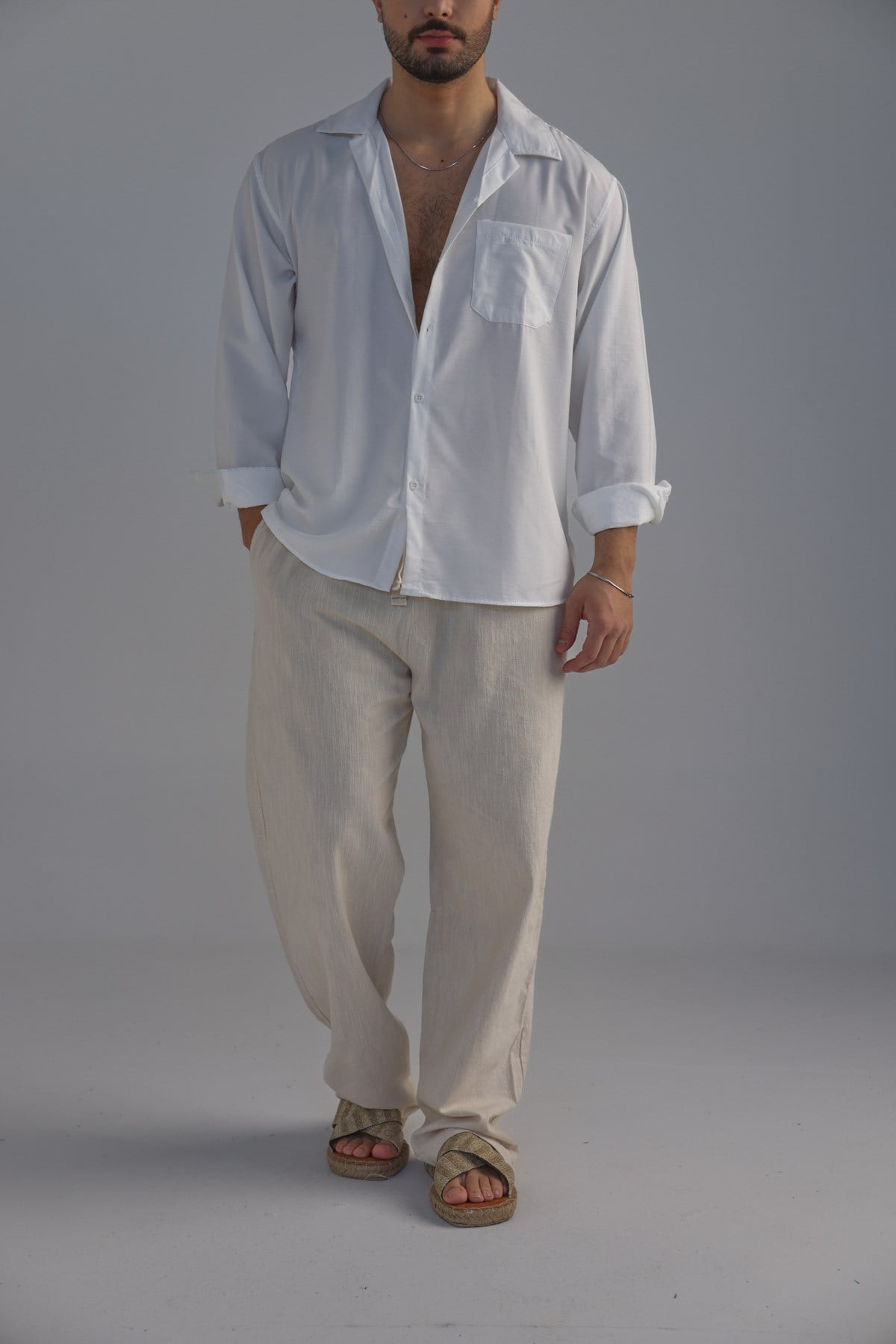 Cepli Oversize Basic Gömlek Beyaz