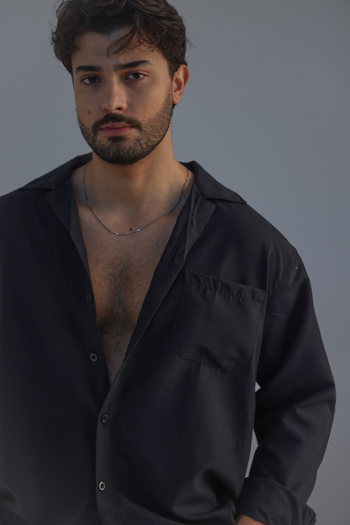 Cepli Oversize Basic Gömlek Siyah