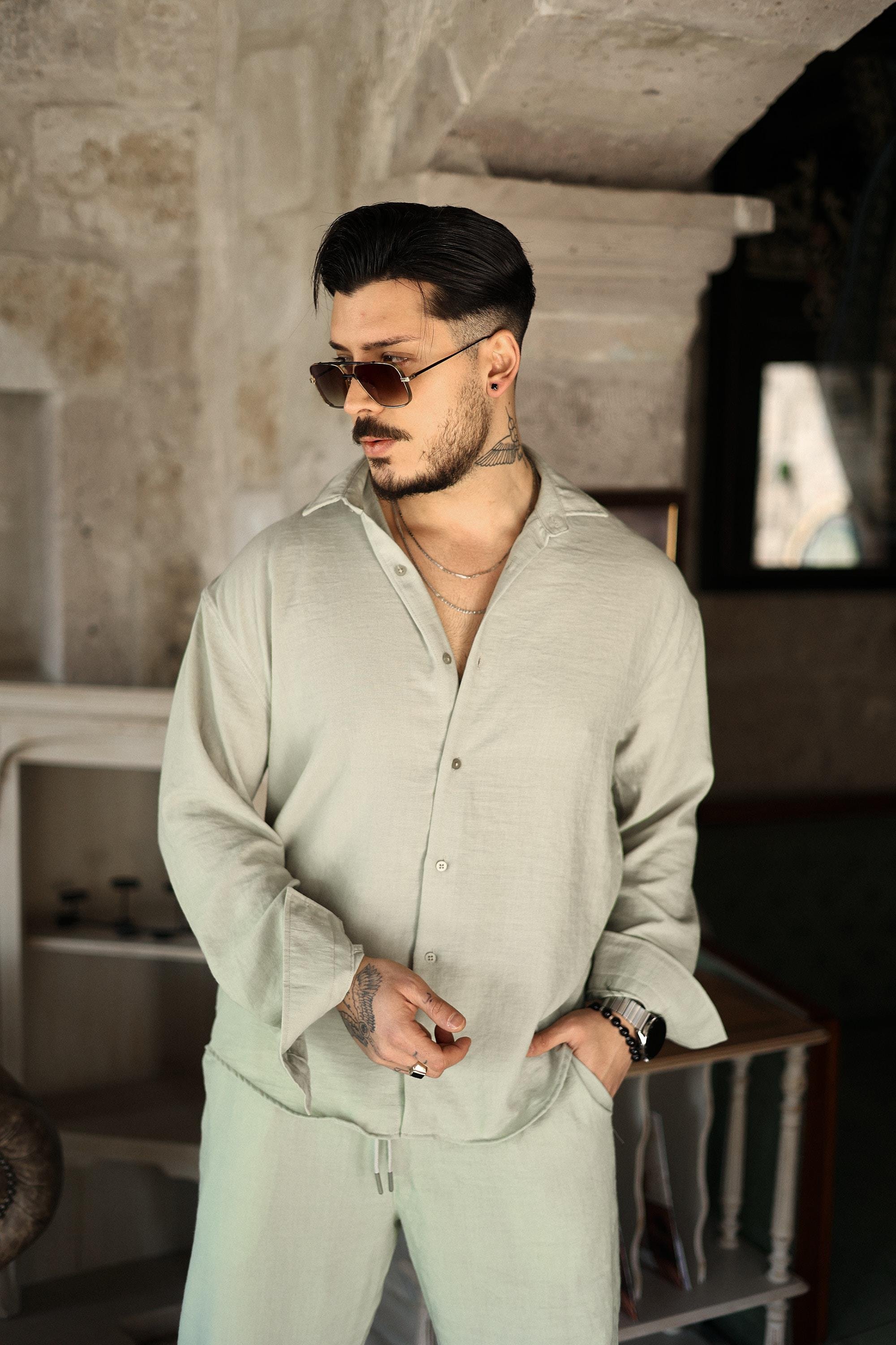 Cepsiz Keten Oversize Gömlek Mint