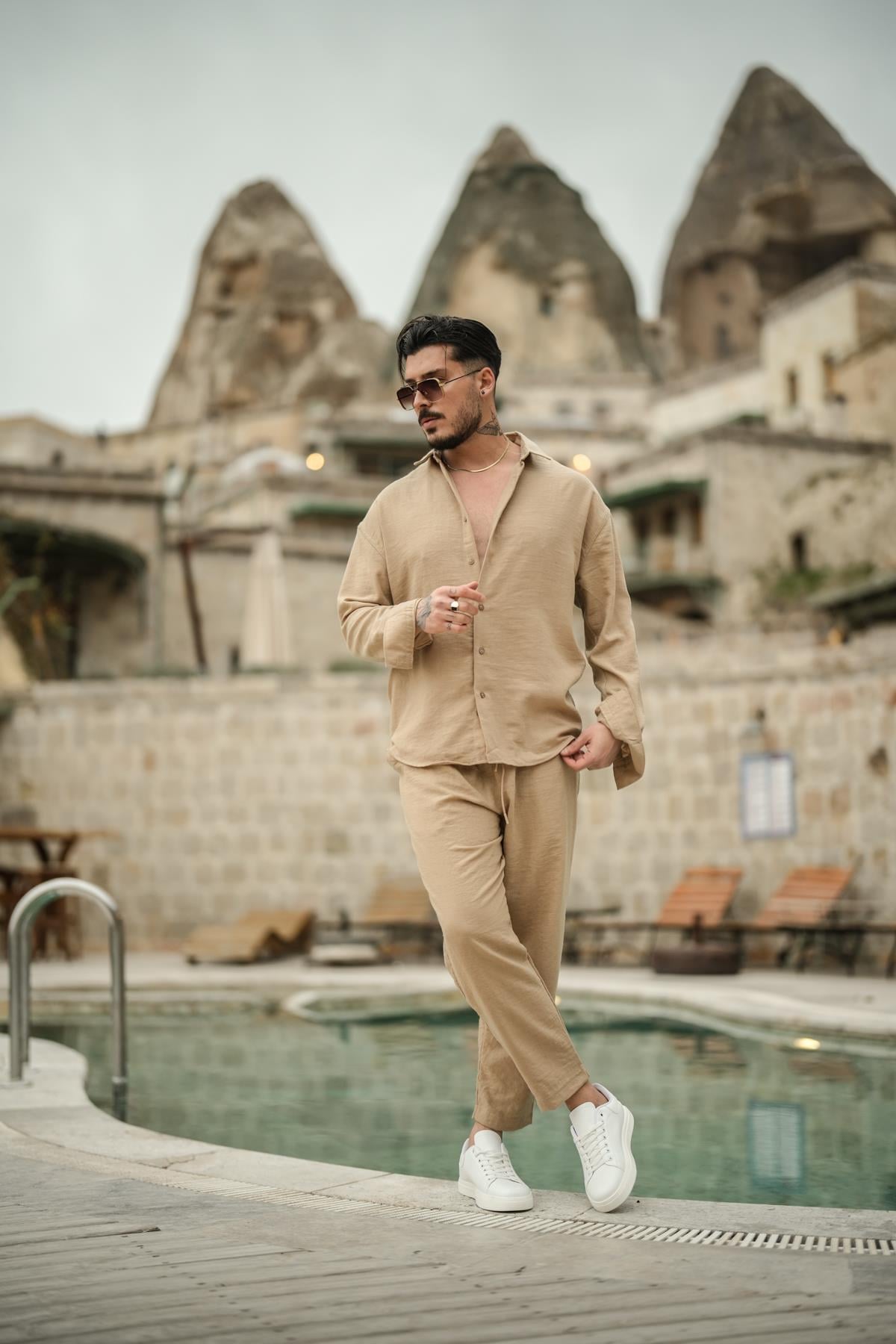 Cepsiz Keten Oversize Gömlek Vizon