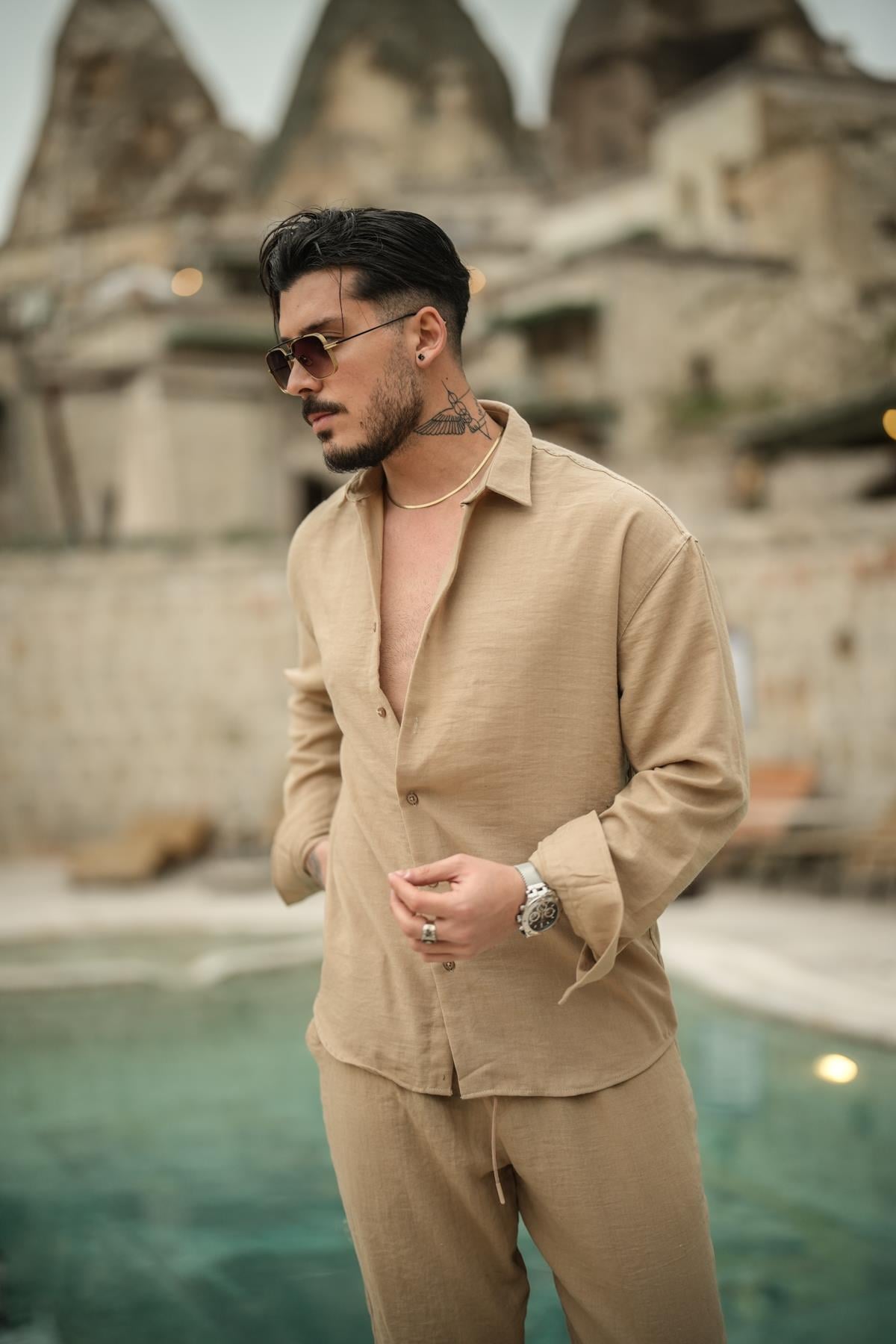 Cepsiz Keten Oversize Gömlek Vizon