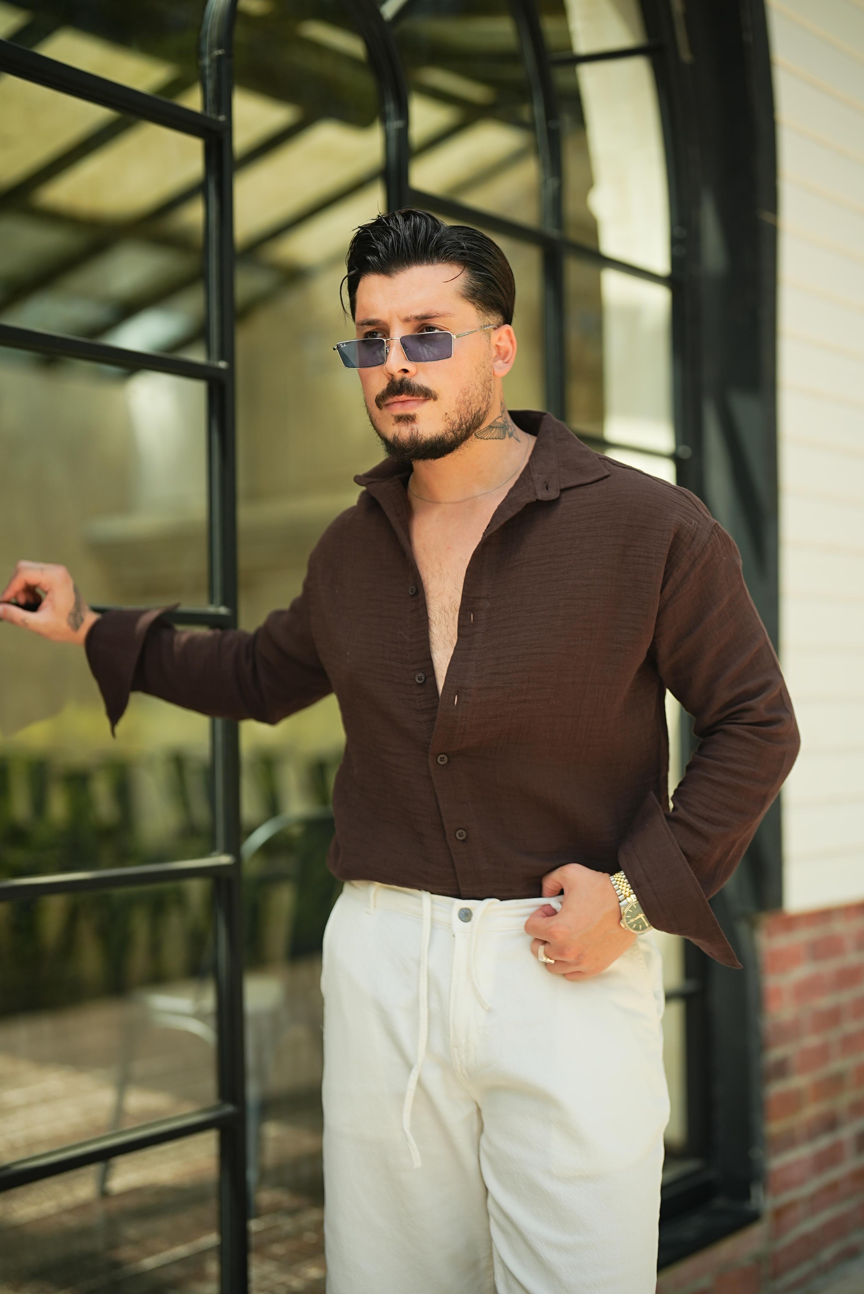 Cepsiz Müslin Oversize Gömlek Kahve