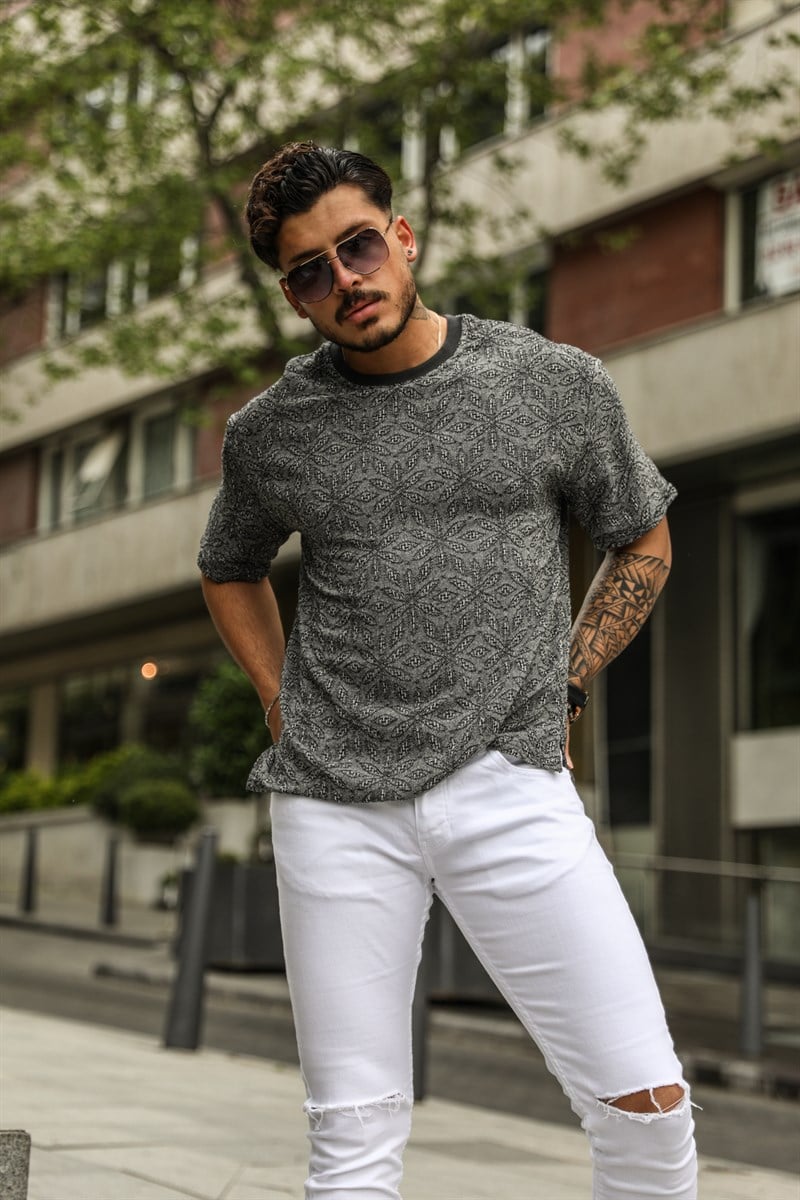 Çiçek Desenli Keten Oversize T-Shirt