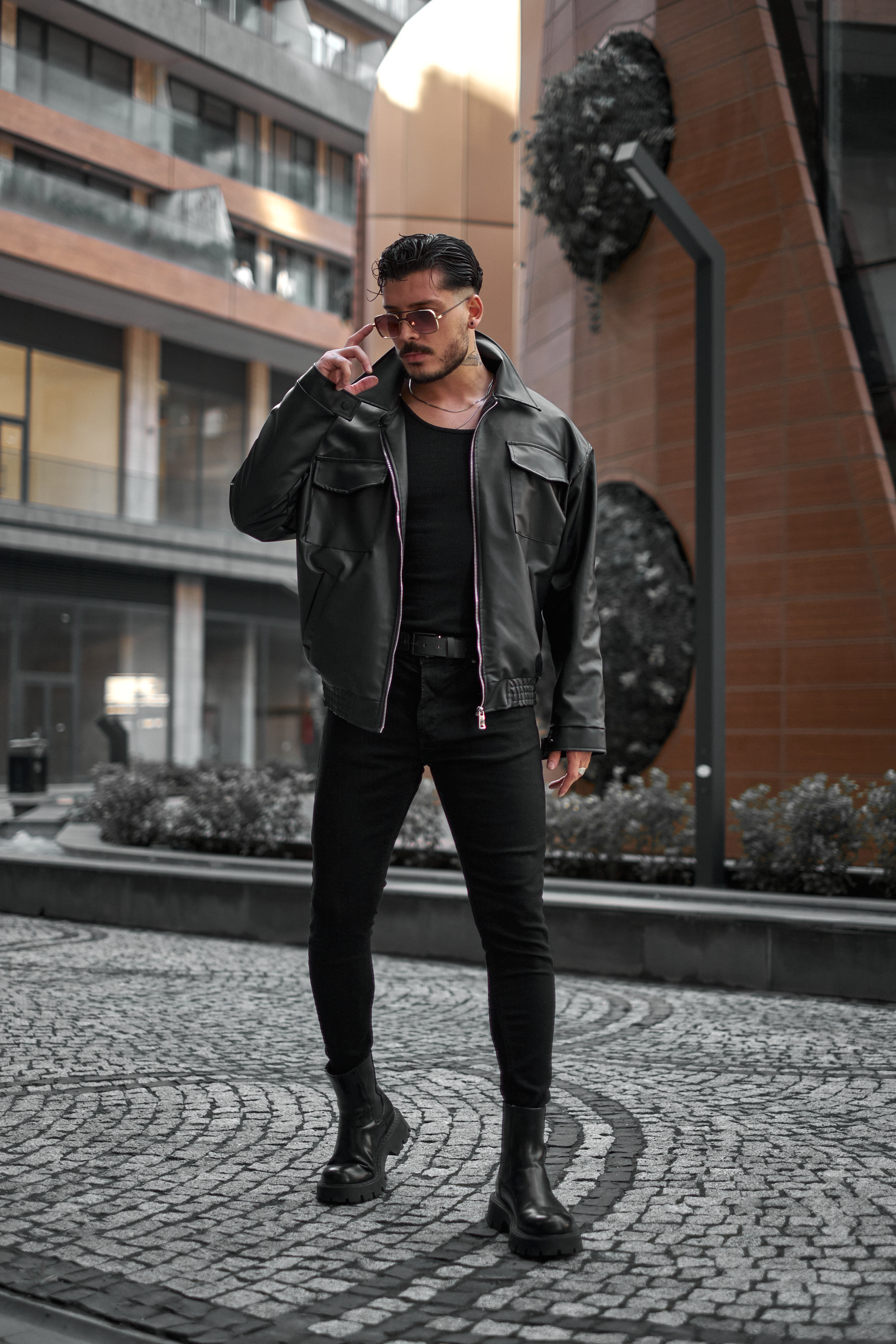 Çift Kapak Cepli Oversize Deri Ceket Siyah