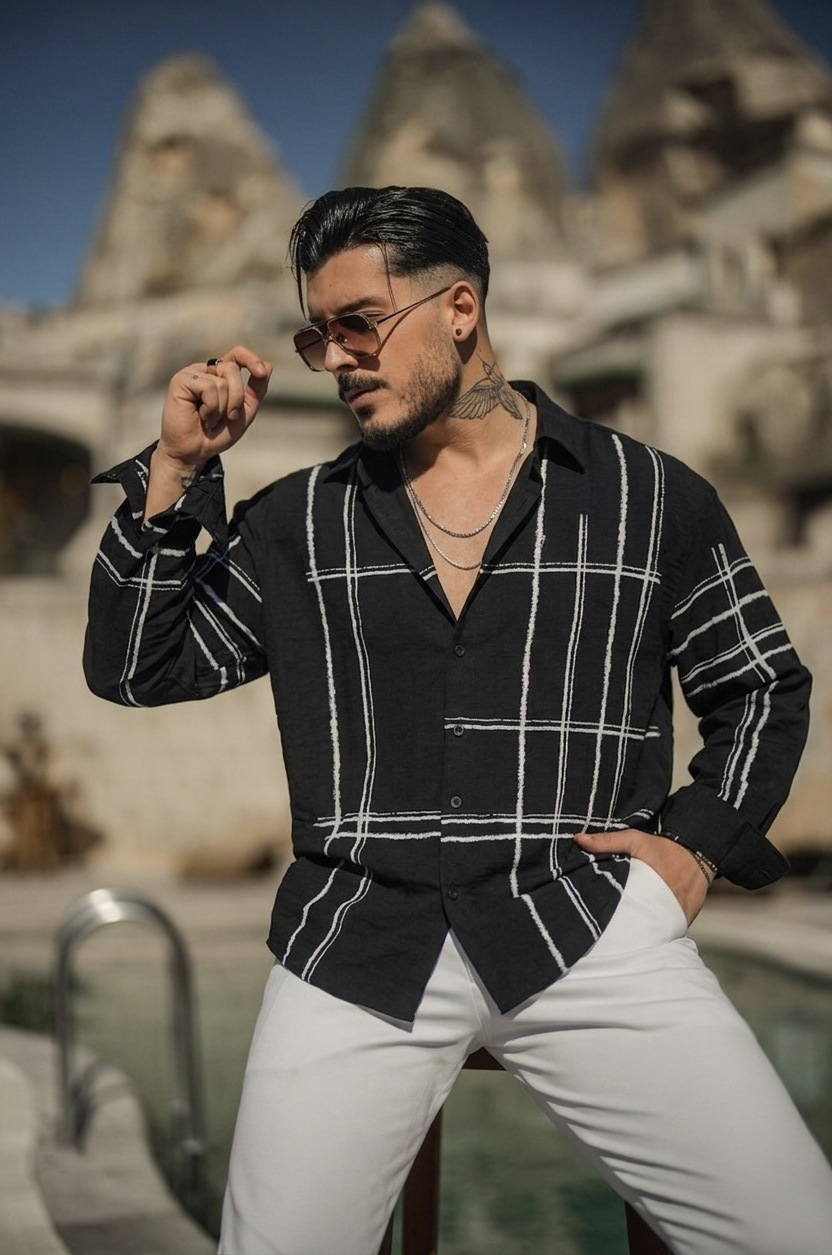 Çizgi Detay Oversize Gömlek Siyah