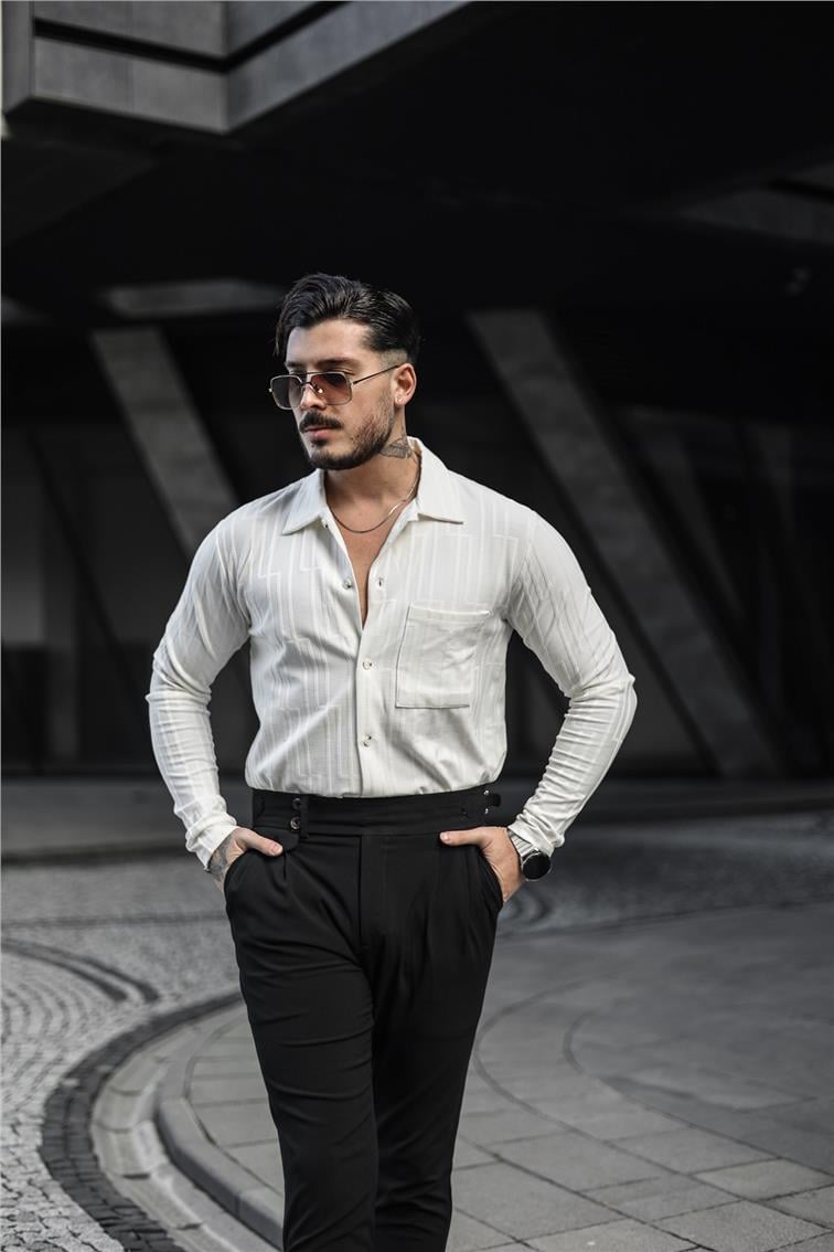 Çizgi İşlemeli Gömlek Beyaz