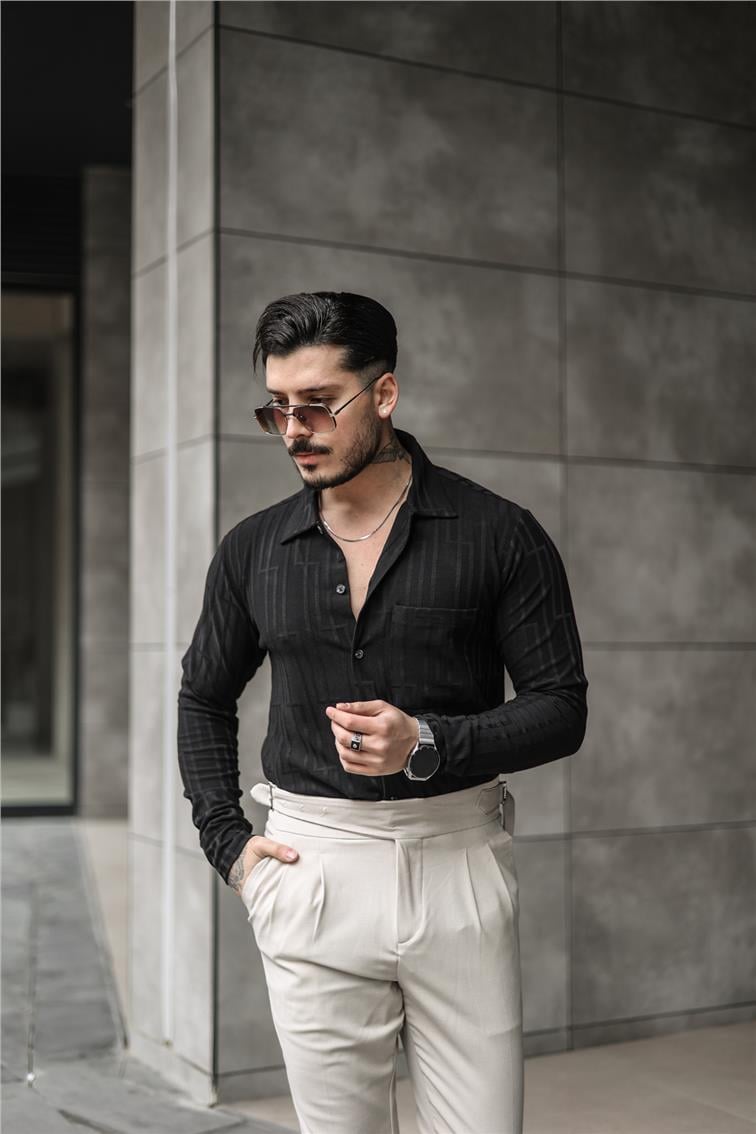 Çizgi İşlemeli Gömlek Siyah