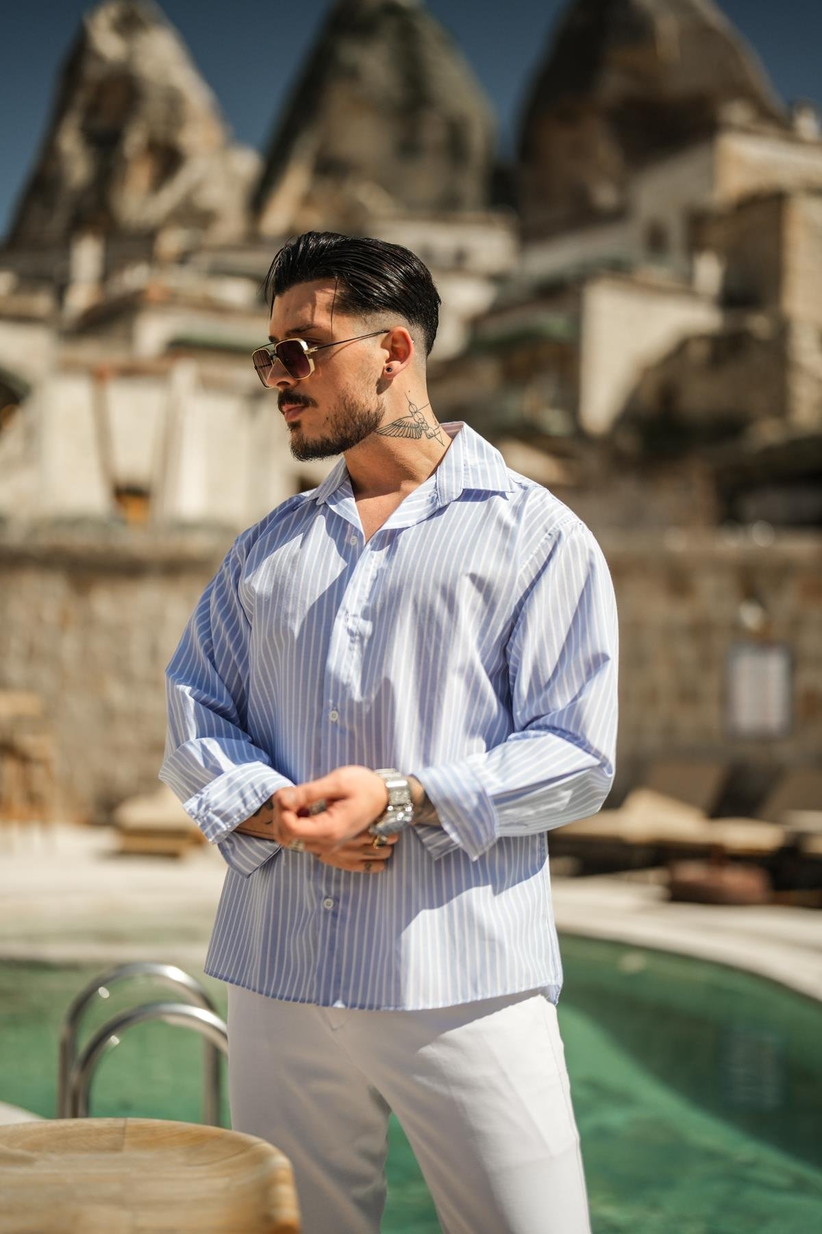 Çizgili Basic Oversize Gömlek Açık Mavi