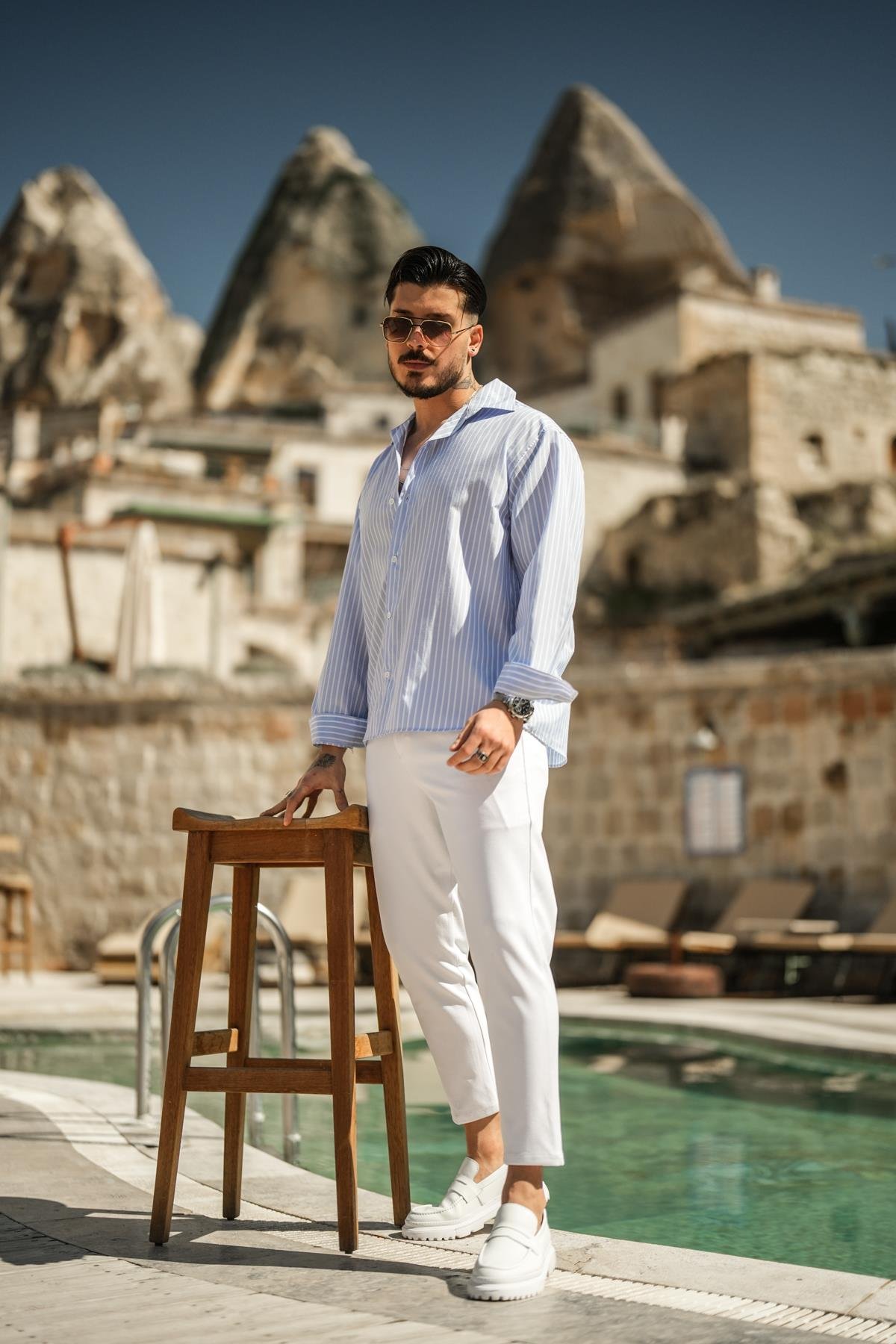 Çizgili Basic Oversize Gömlek Açık Mavi