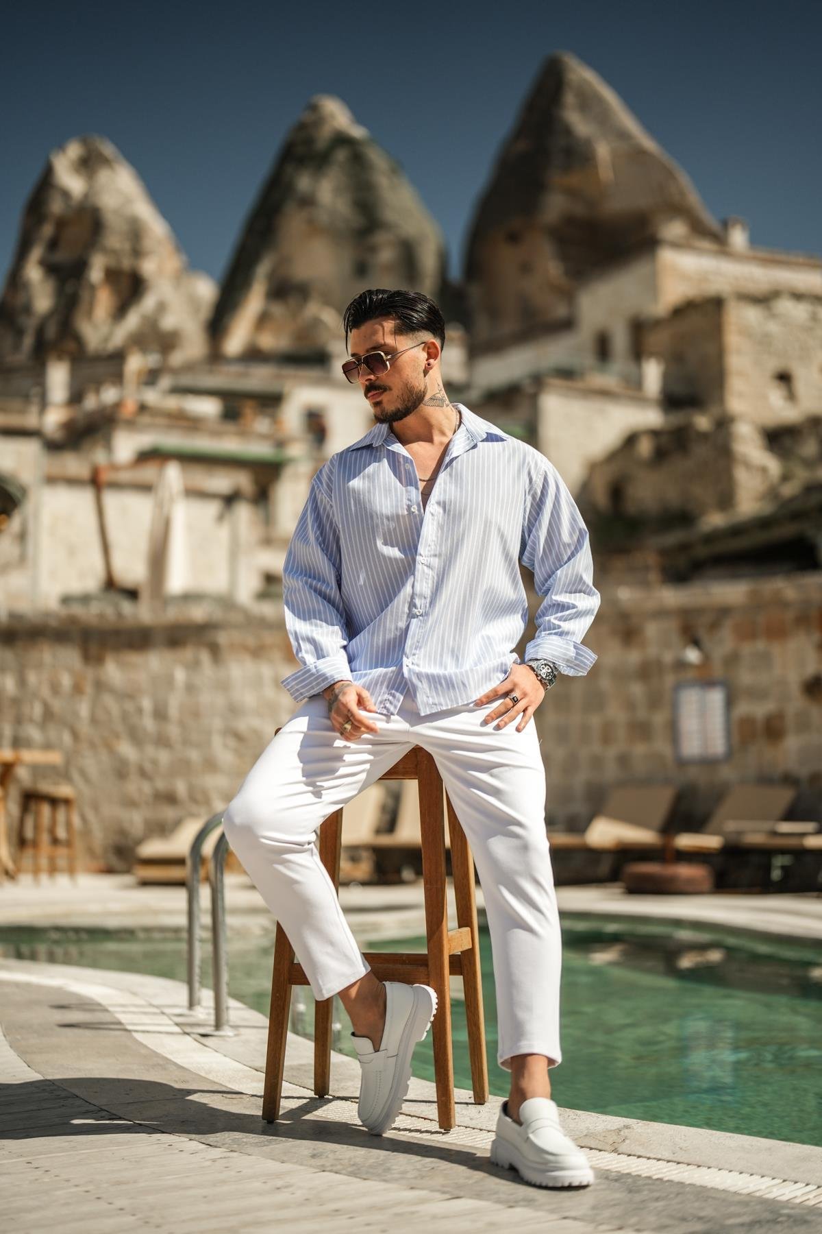 Çizgili Basic Oversize Gömlek Açık Mavi