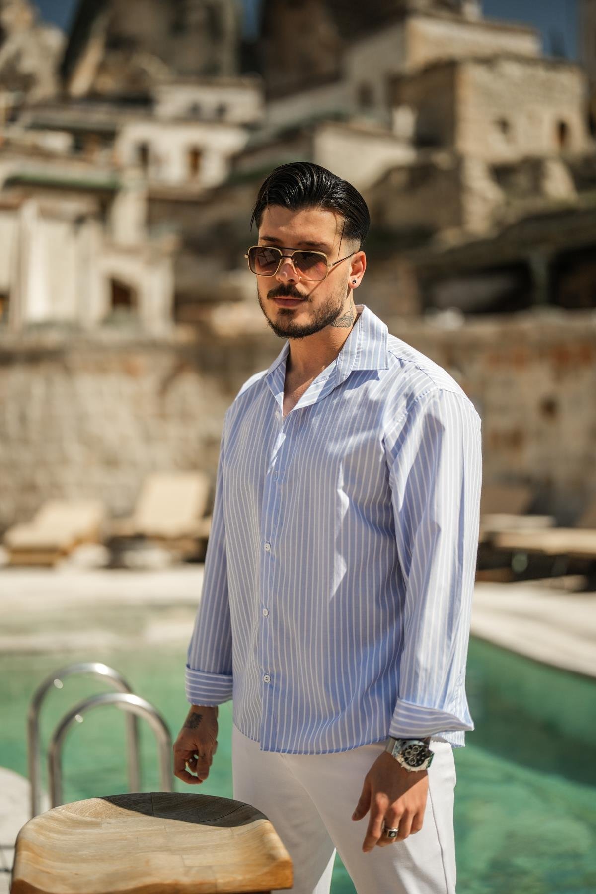 Çizgili Basic Oversize Gömlek Açık Mavi