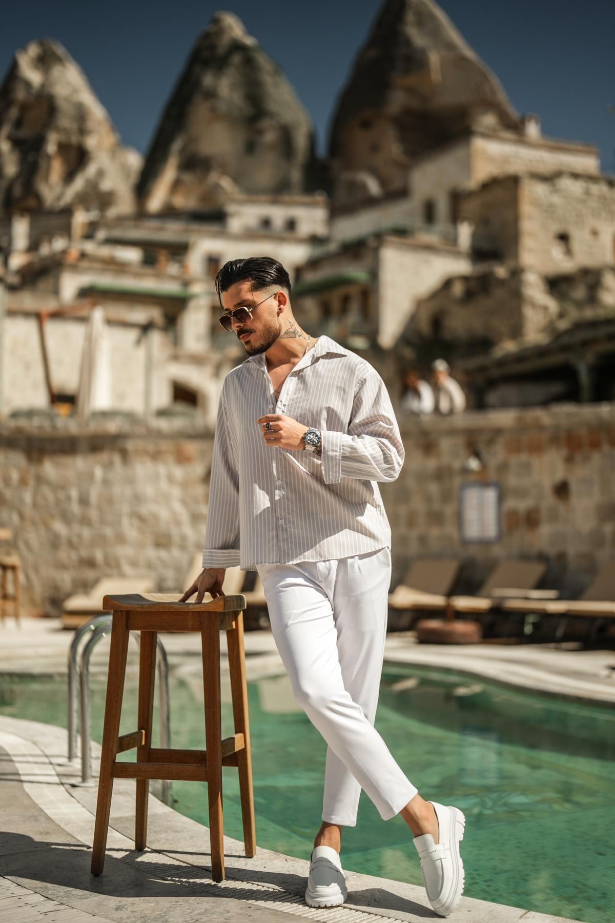 Çizgili Basic Oversize Gömlek Bej