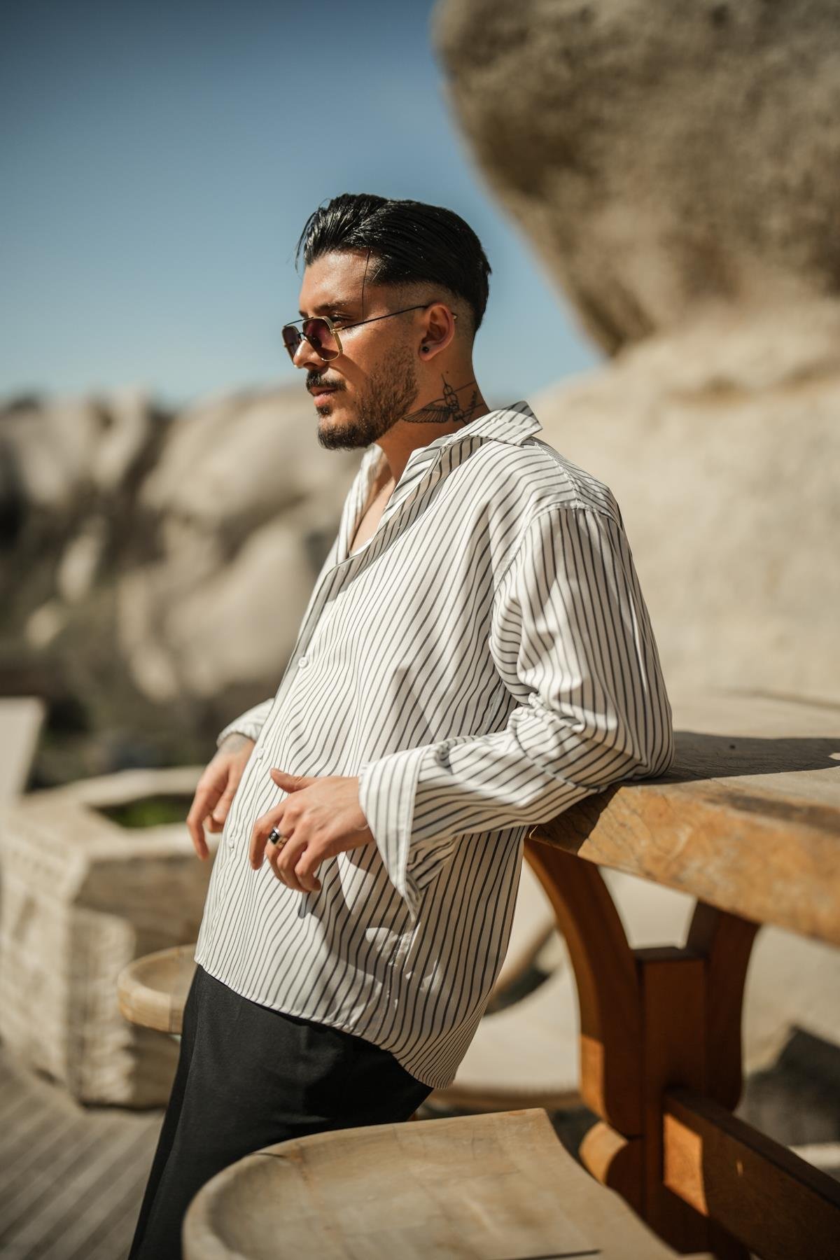 Çizgili Basic Oversize Gömlek Beyaz