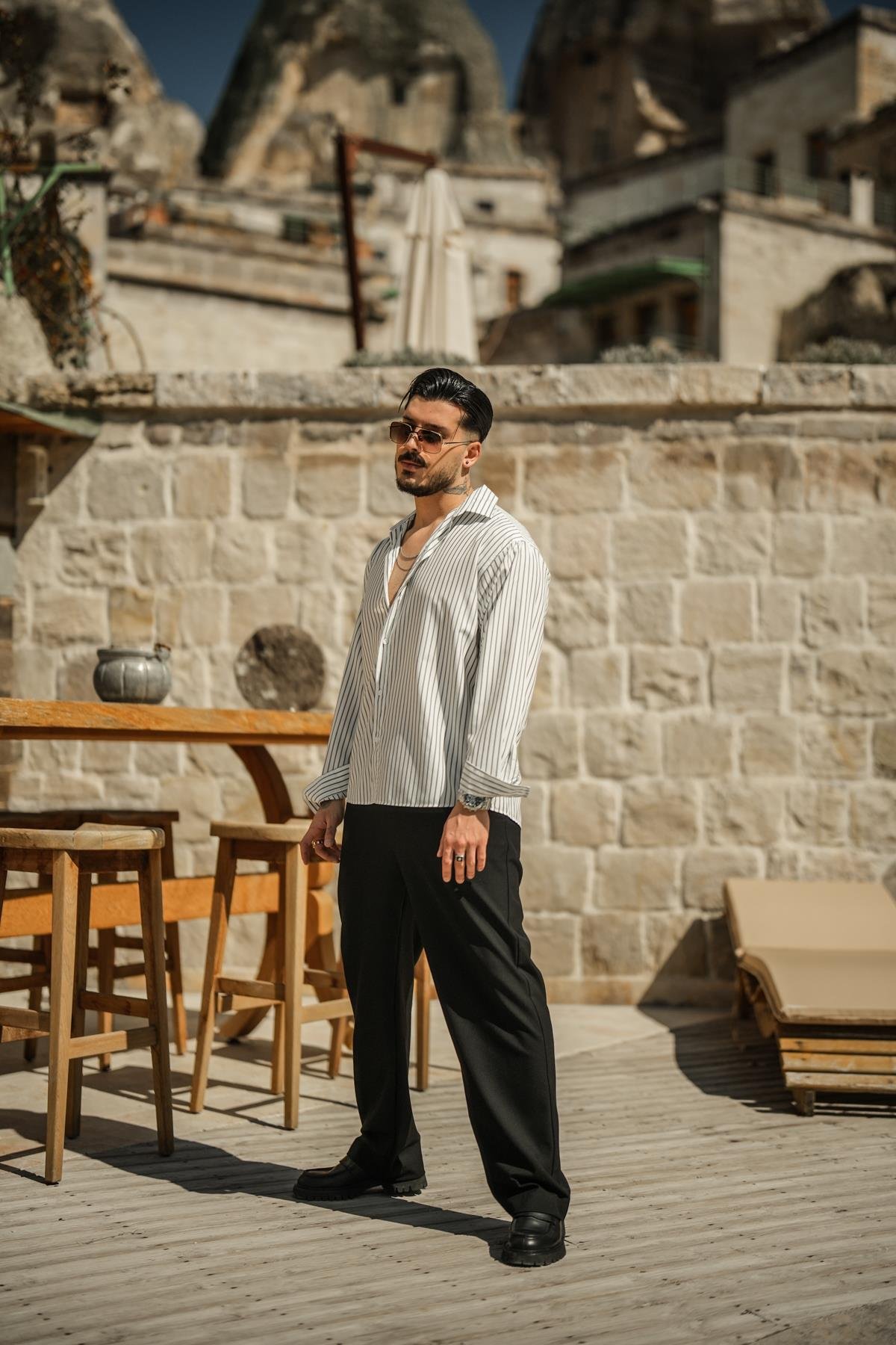 Çizgili Basic Oversize Gömlek Beyaz
