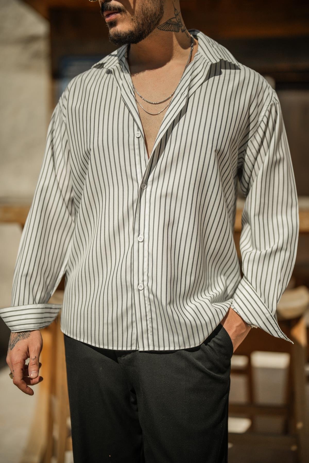Çizgili Basic Oversize Gömlek Beyaz