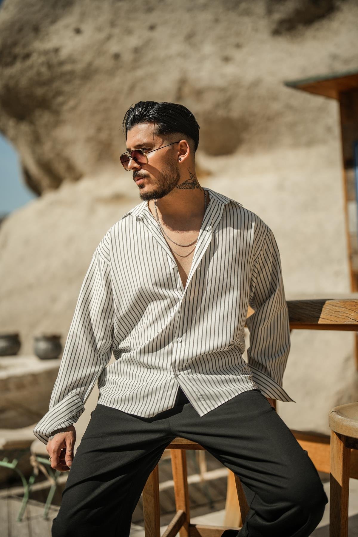 Çizgili Basic Oversize Gömlek Beyaz