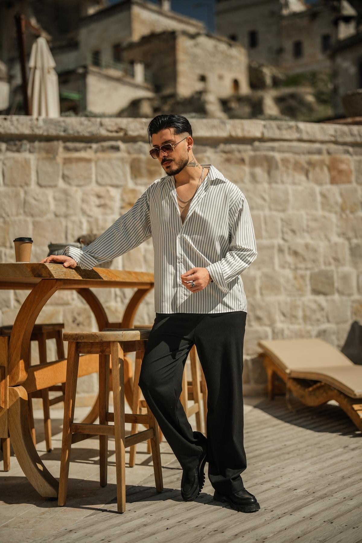 Çizgili Basic Oversize Gömlek Beyaz