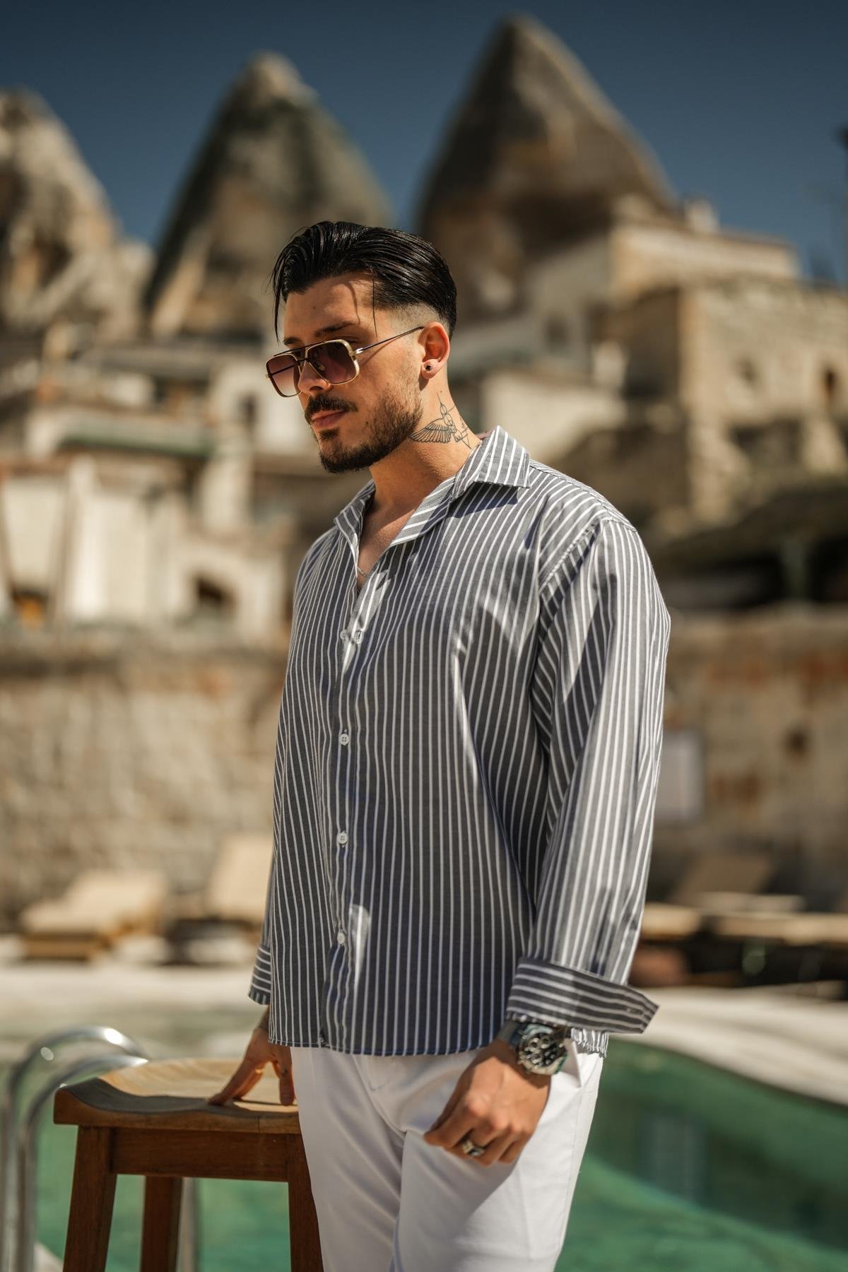 Çizgili Basic Oversize Gömlek Gri