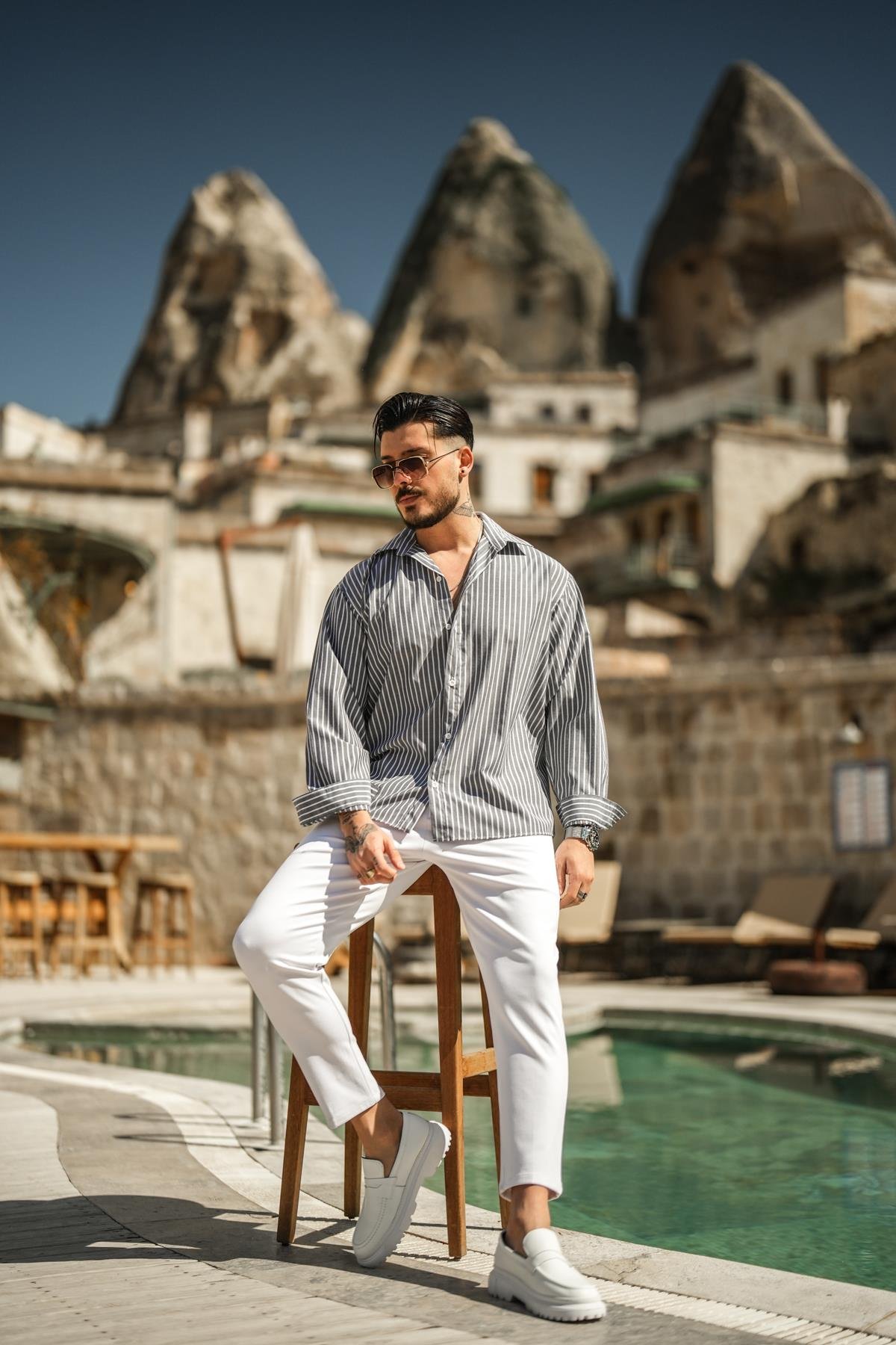 Çizgili Basic Oversize Gömlek Gri