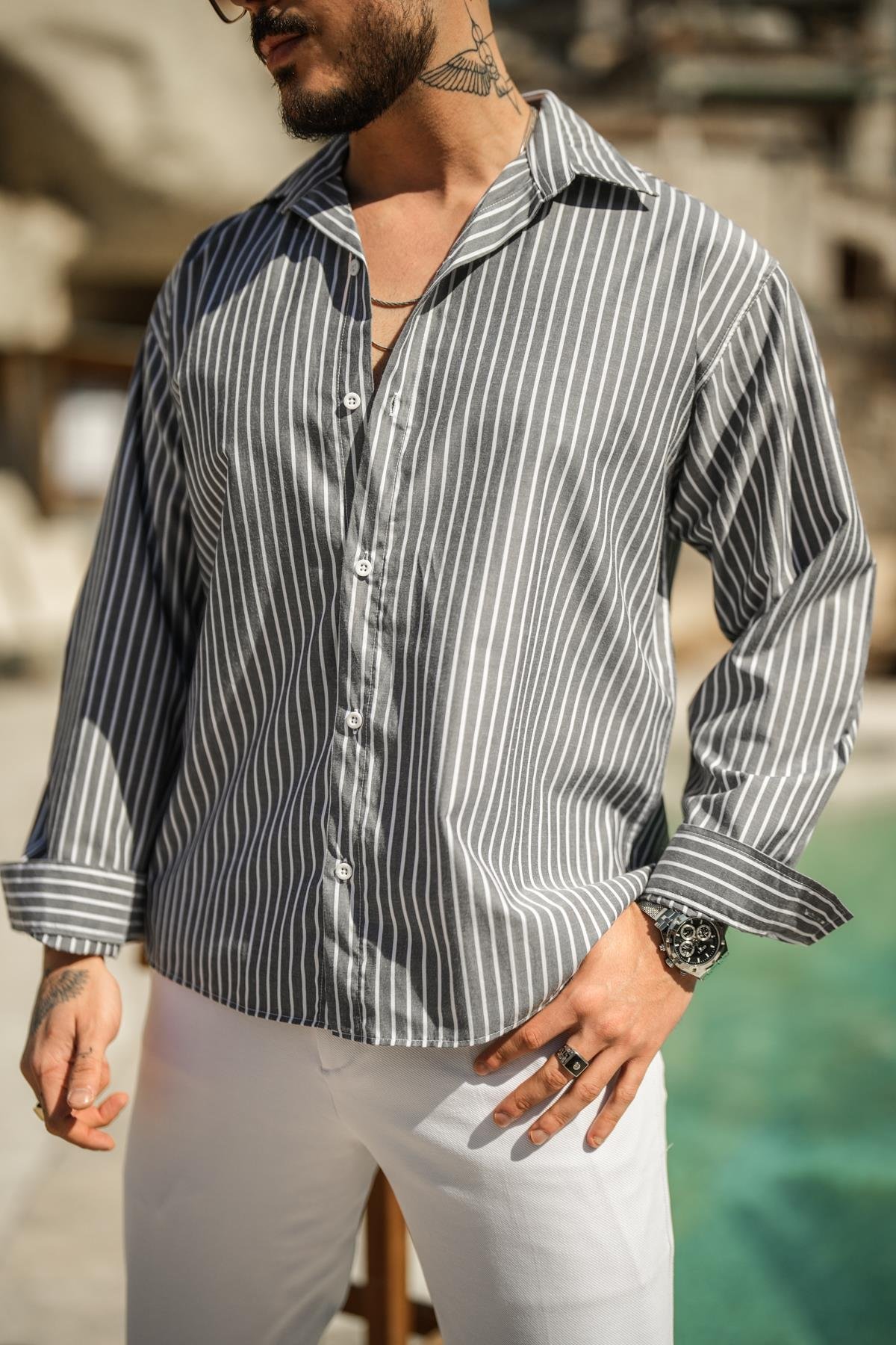 Çizgili Basic Oversize Gömlek Gri
