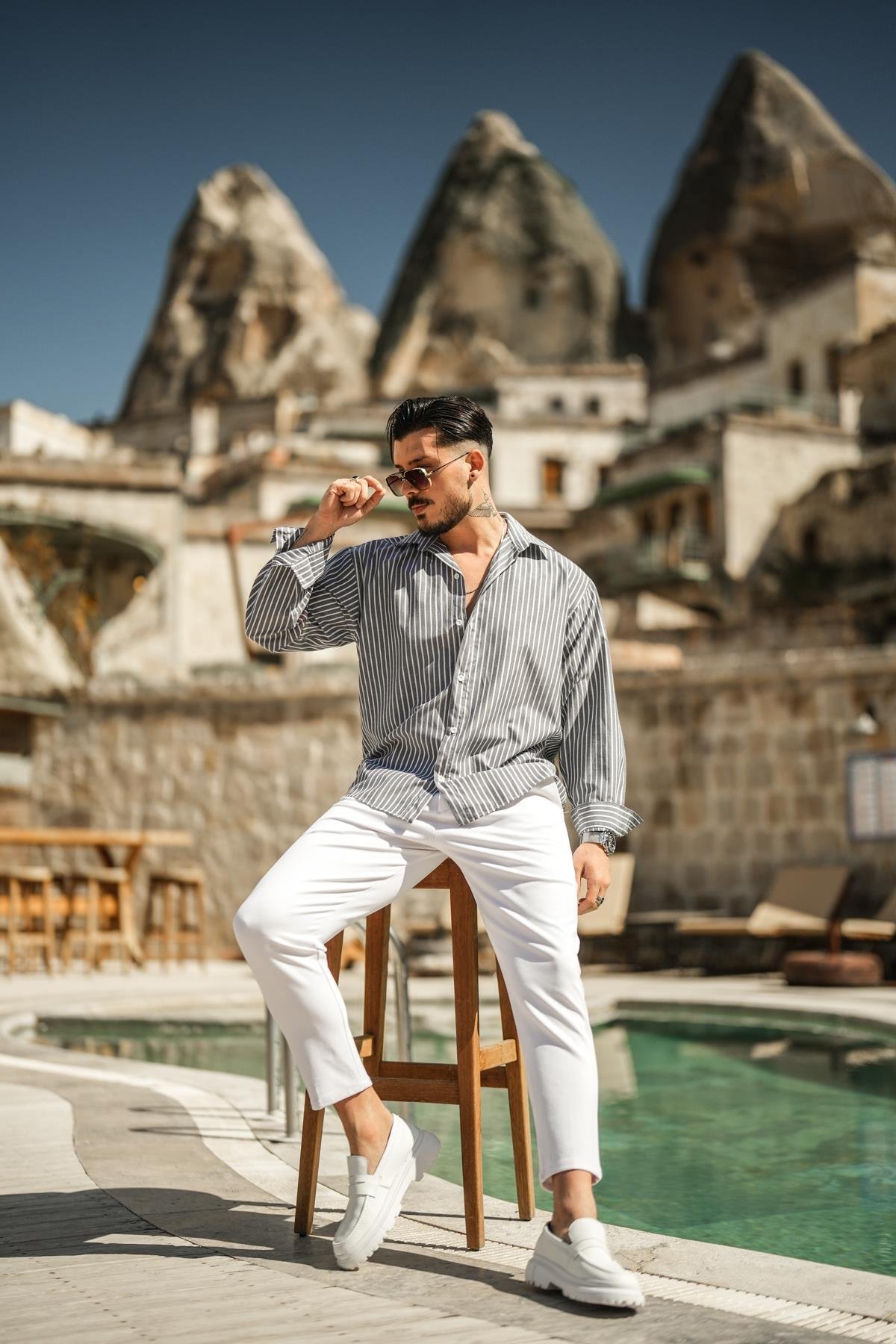 Çizgili Basic Oversize Gömlek Gri