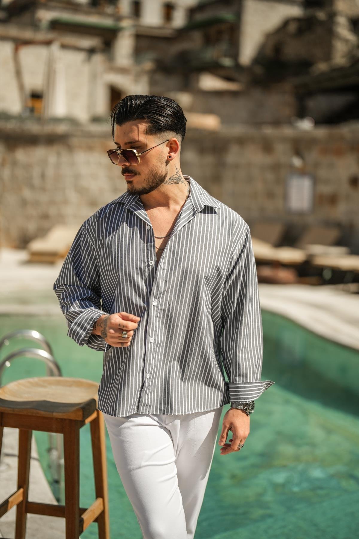 Çizgili Basic Oversize Gömlek Gri